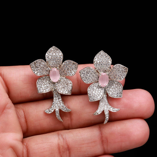 Luxury Ruby & Diamond AD Pavé Floral Stud Earrings - Haamsi