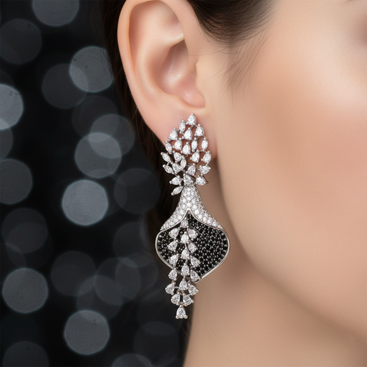 Luxurious Sapphire Blue & White American Diamond (AD) Floral Drop Earrings | Statement Party Wear - Haamsi