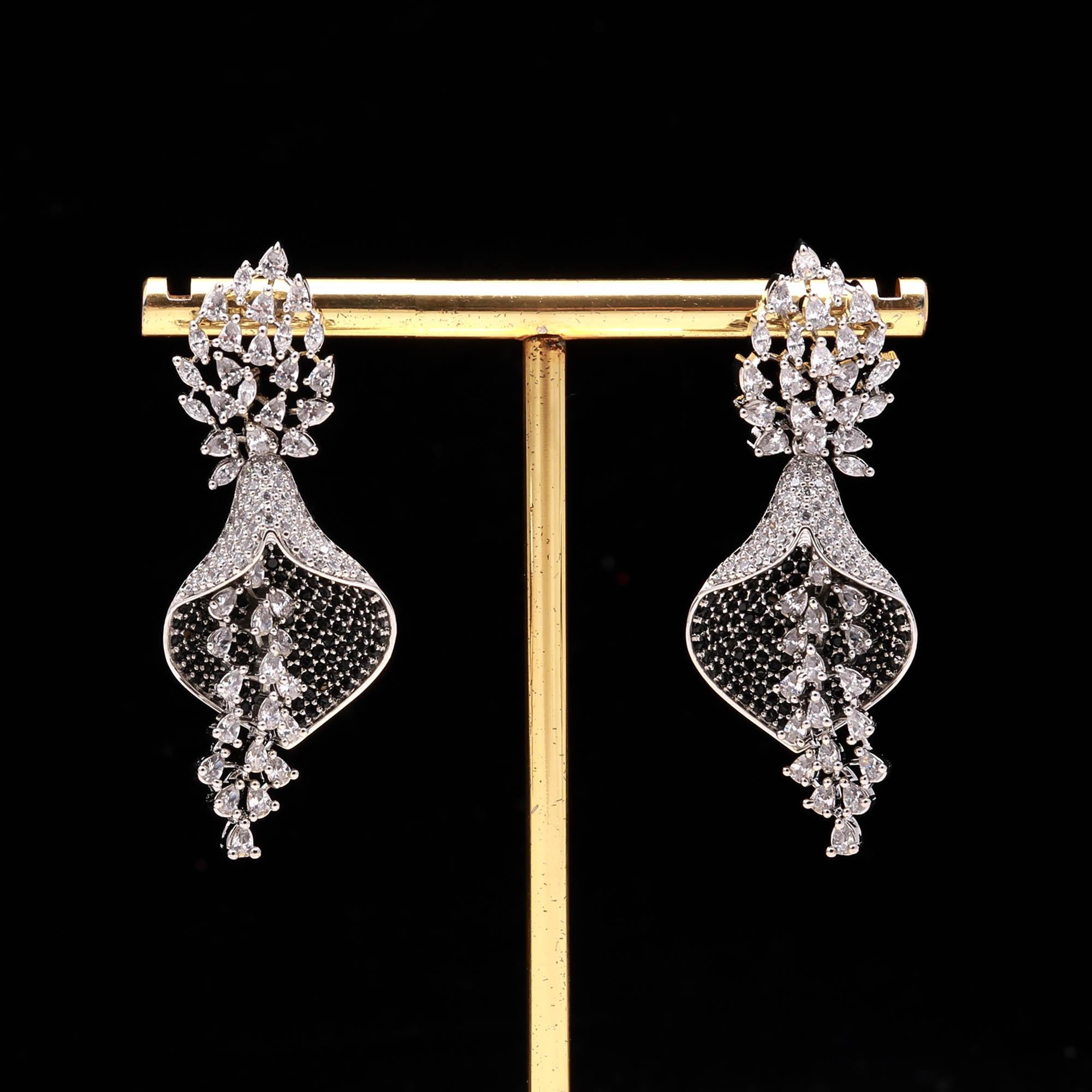 Luxurious Sapphire Blue & White American Diamond (AD) Floral Drop Earrings | Statement Party Wear - Haamsi