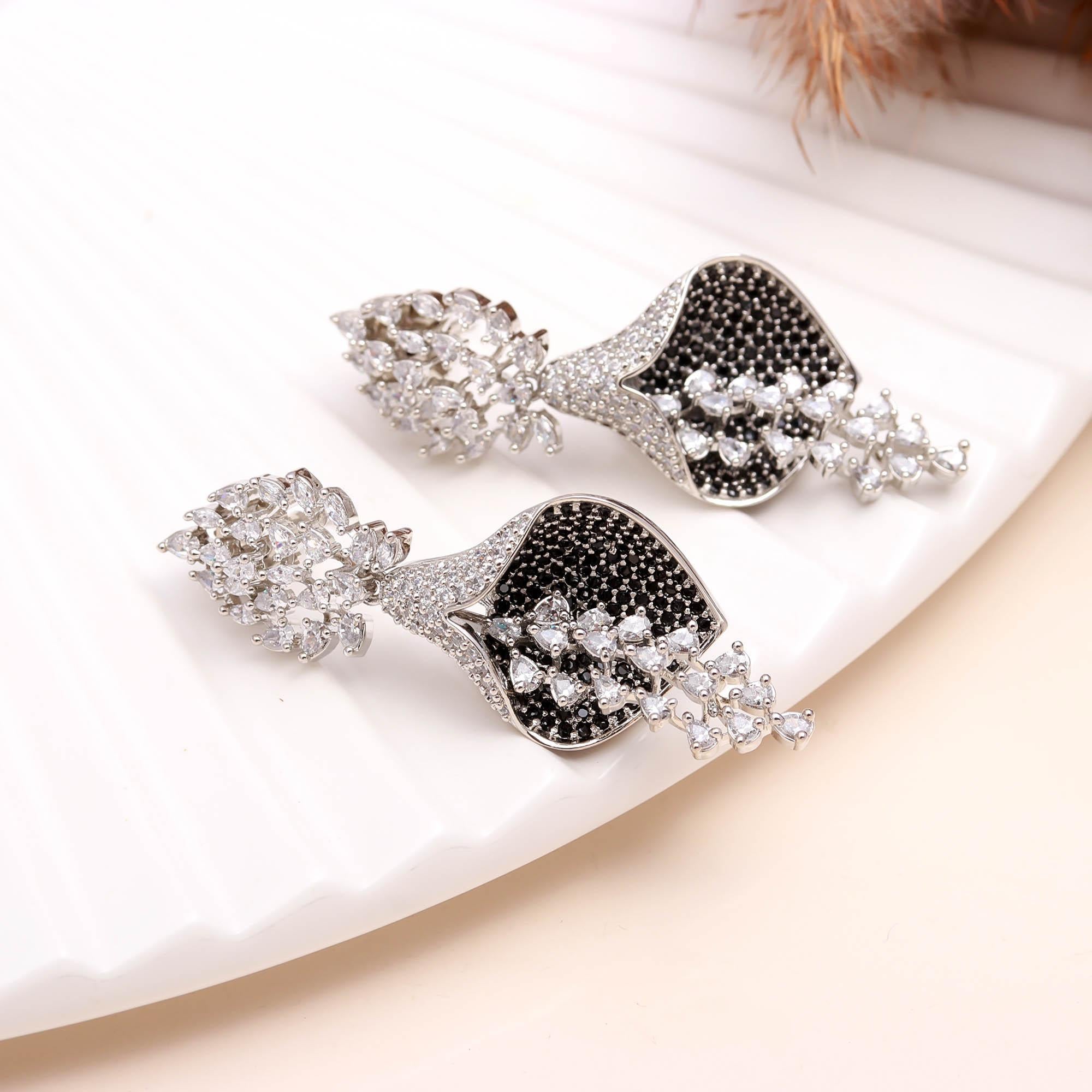 Luxurious Sapphire Blue & White American Diamond (AD) Floral Drop Earrings | Statement Party Wear - Haamsi