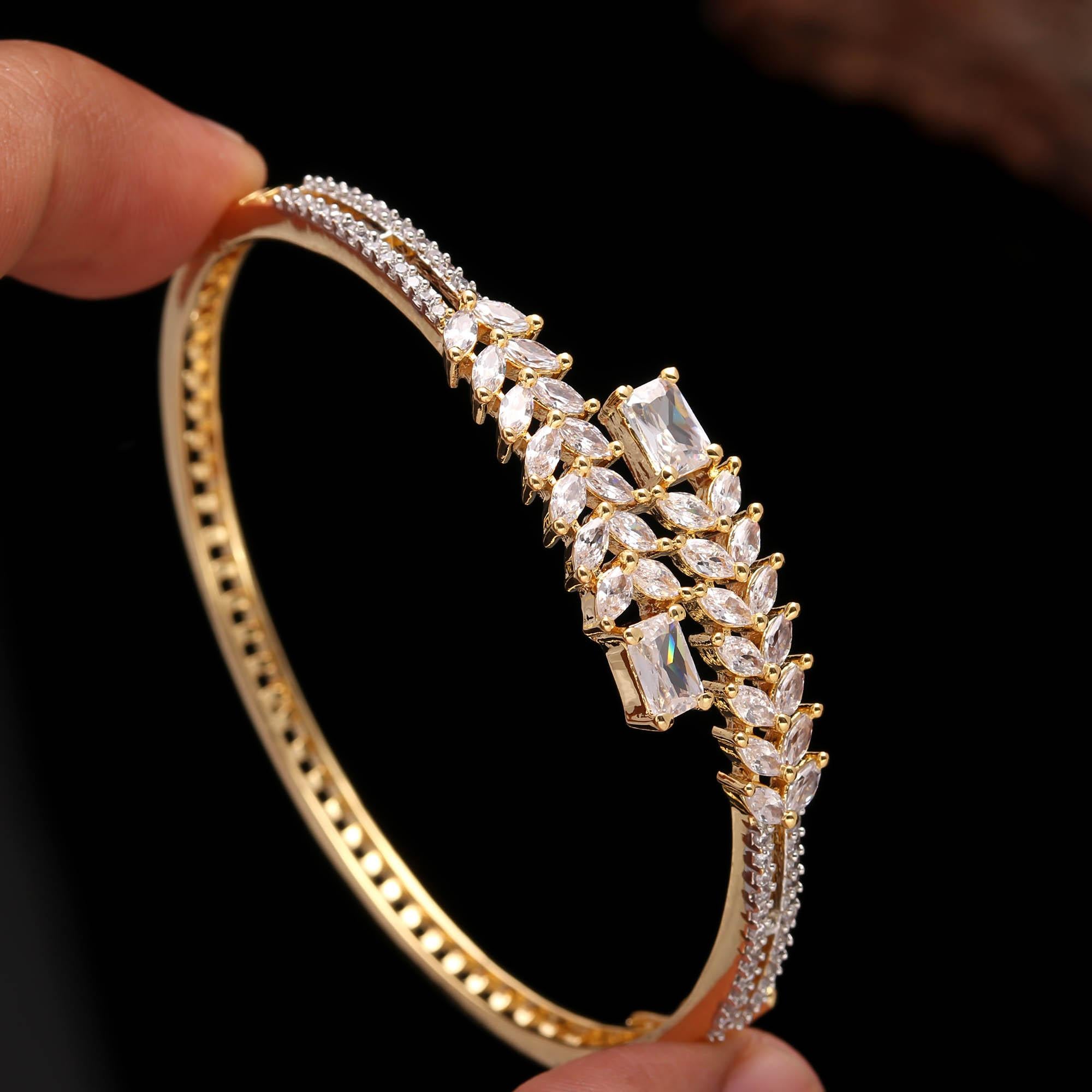 Gold-Plated Leaf Design CZ Stone Bangle for Women | Party & Wedding Wear Bracelet