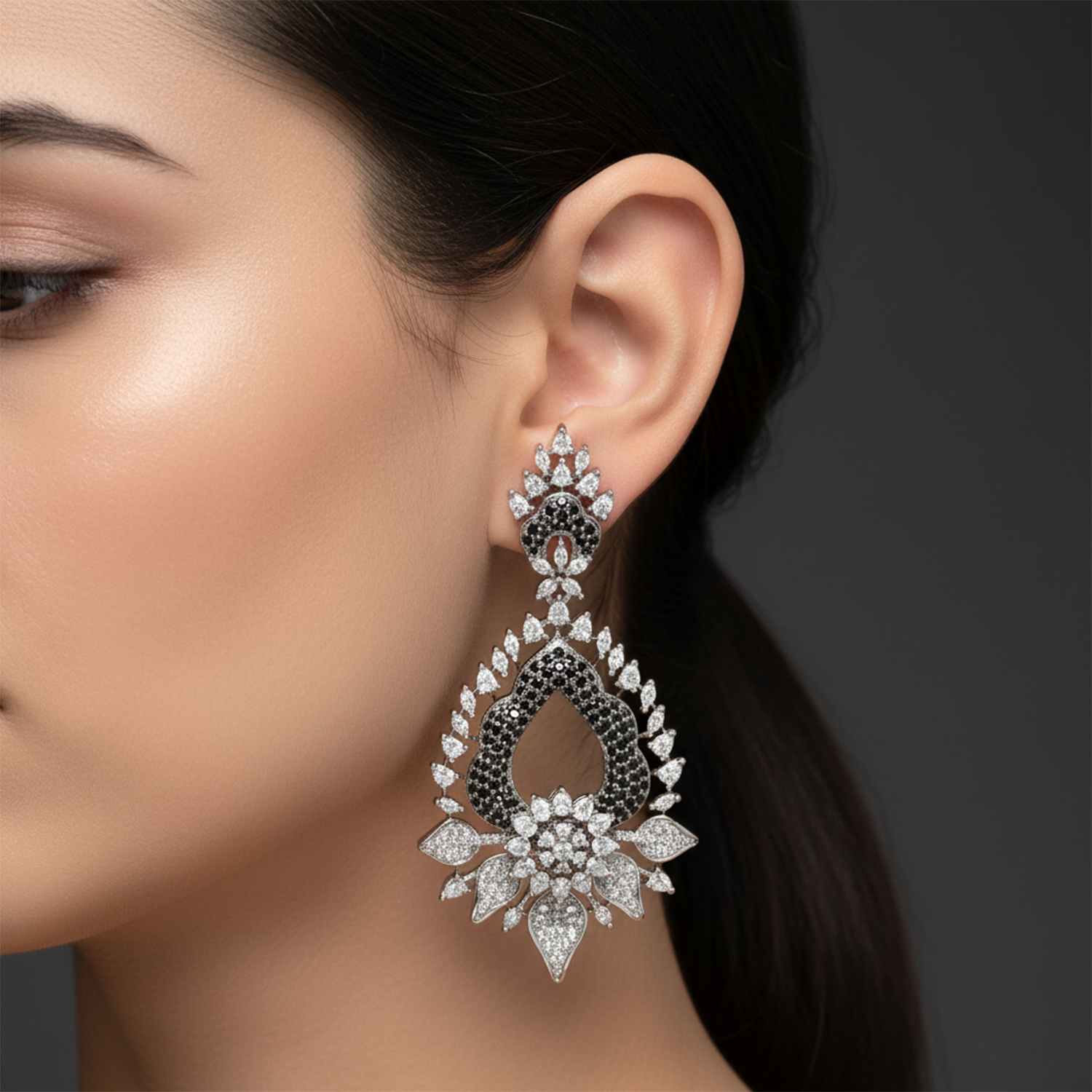 Magnificent Sapphire Blue and White American Diamond (AD) Heart-Shaped Dangler Earrings | Luxury Floral Statement