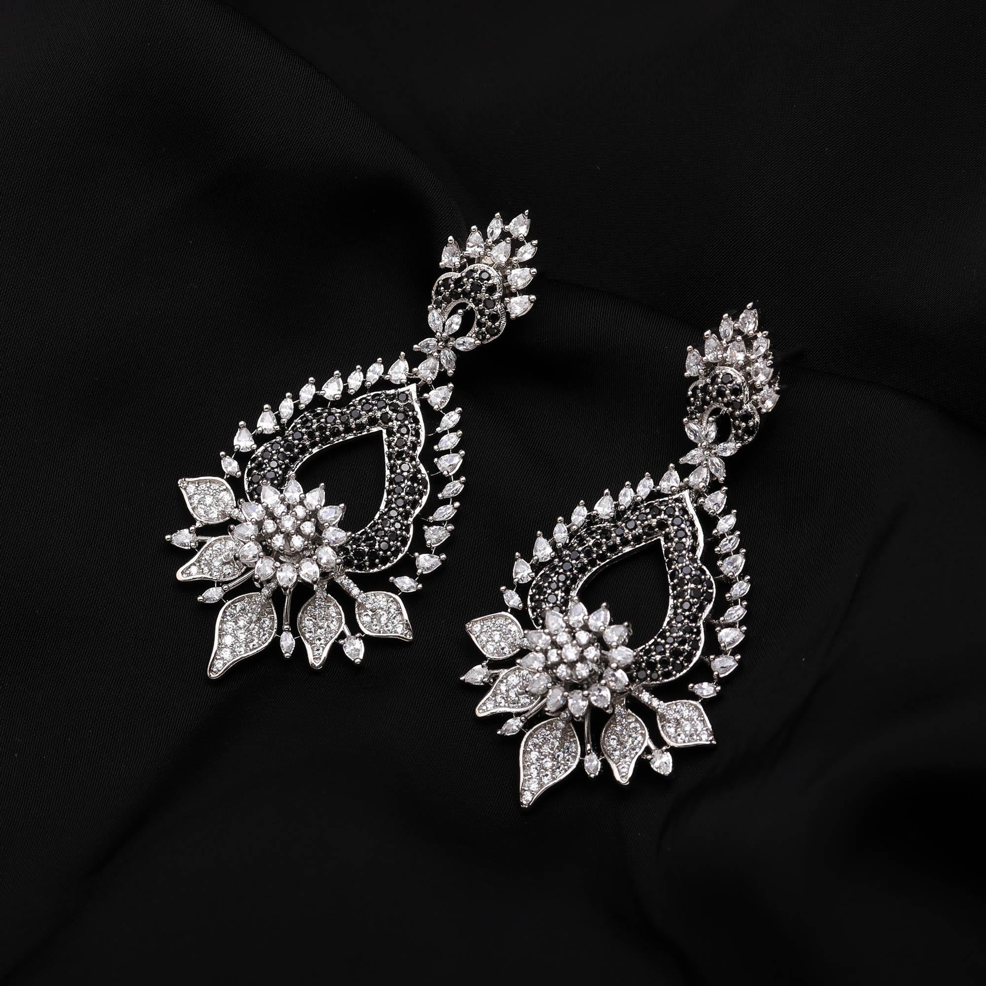 Magnificent Sapphire Blue and White American Diamond (AD) Heart-Shaped Dangler Earrings | Luxury Floral Statement - Haamsi