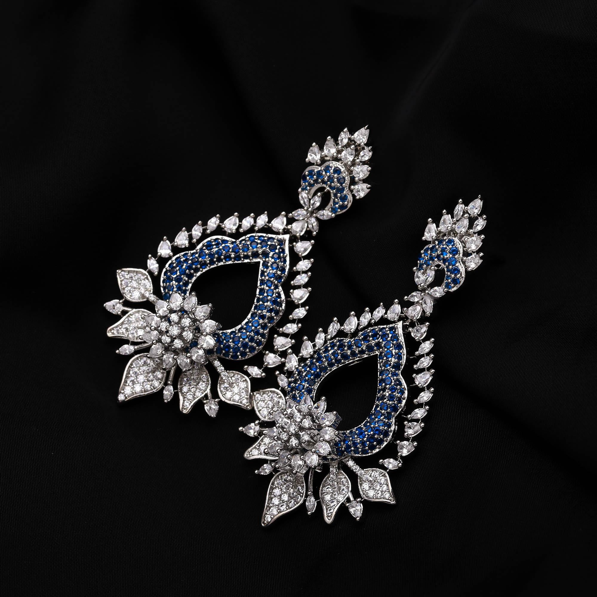 Magnificent Sapphire Blue and White American Diamond (AD) Heart-Shaped Dangler Earrings | Luxury Floral Statement - Haamsi
