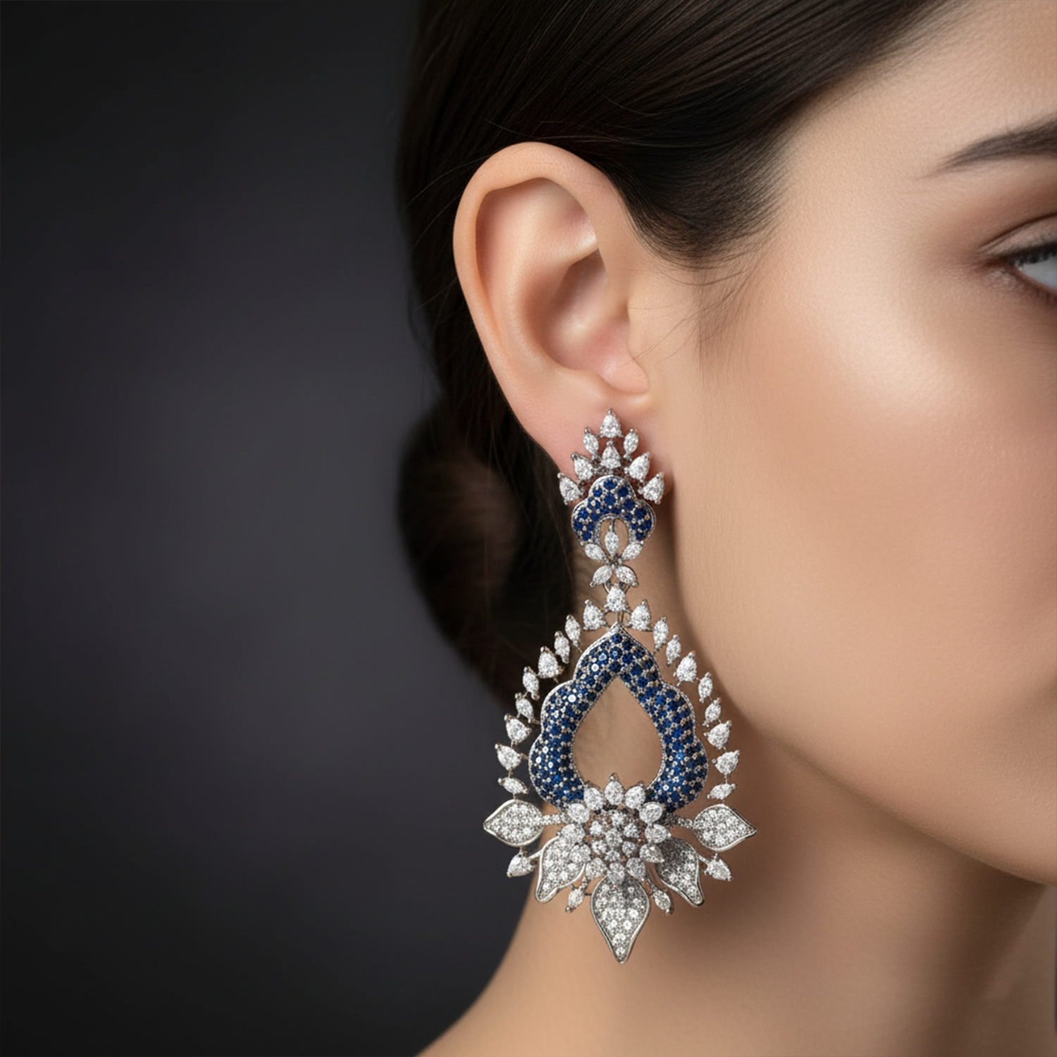 Magnificent Sapphire Blue and White American Diamond (AD) Heart-Shaped Dangler Earrings | Luxury Floral Statement - Haamsi