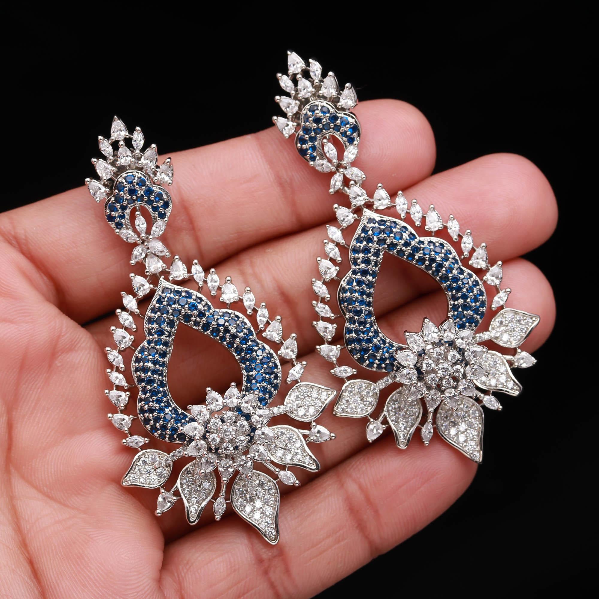 Magnificent Sapphire Blue and White American Diamond (AD) Heart-Shaped Dangler Earrings | Luxury Floral Statement