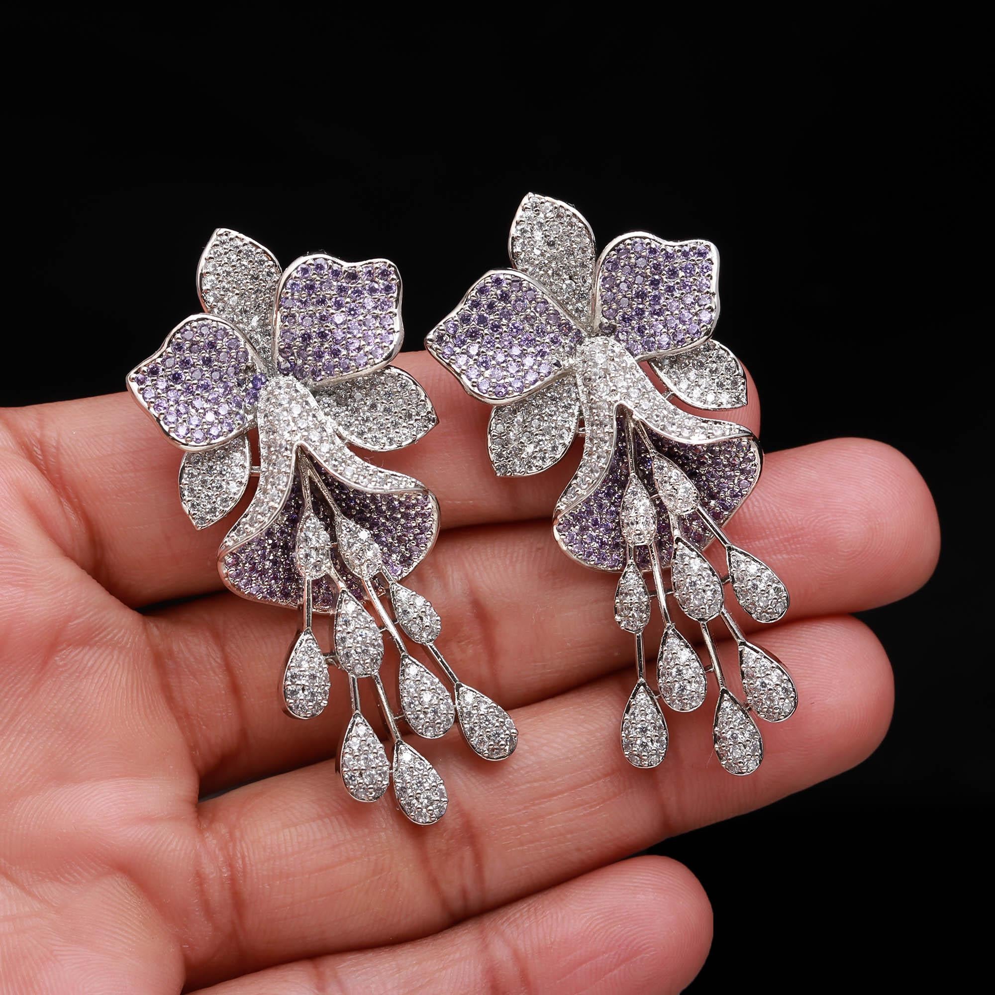 Luxury  American Diamond (AD) Flower Dangler Statement Earrings - Haamsi