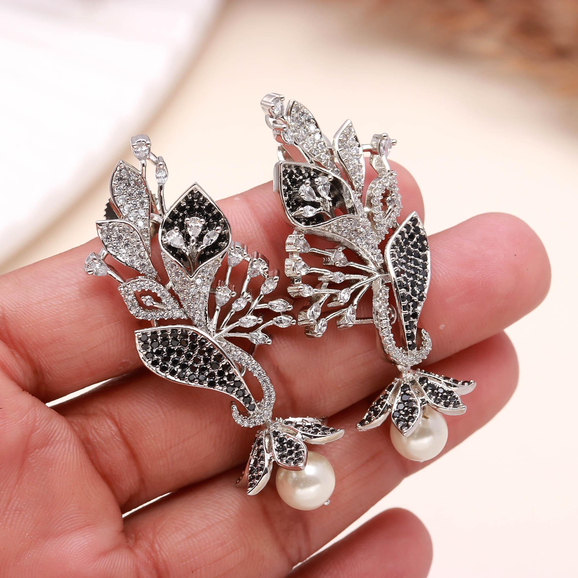 Luxury Black and White American Diamond (AD) Floral Pearl Dangler Earrings