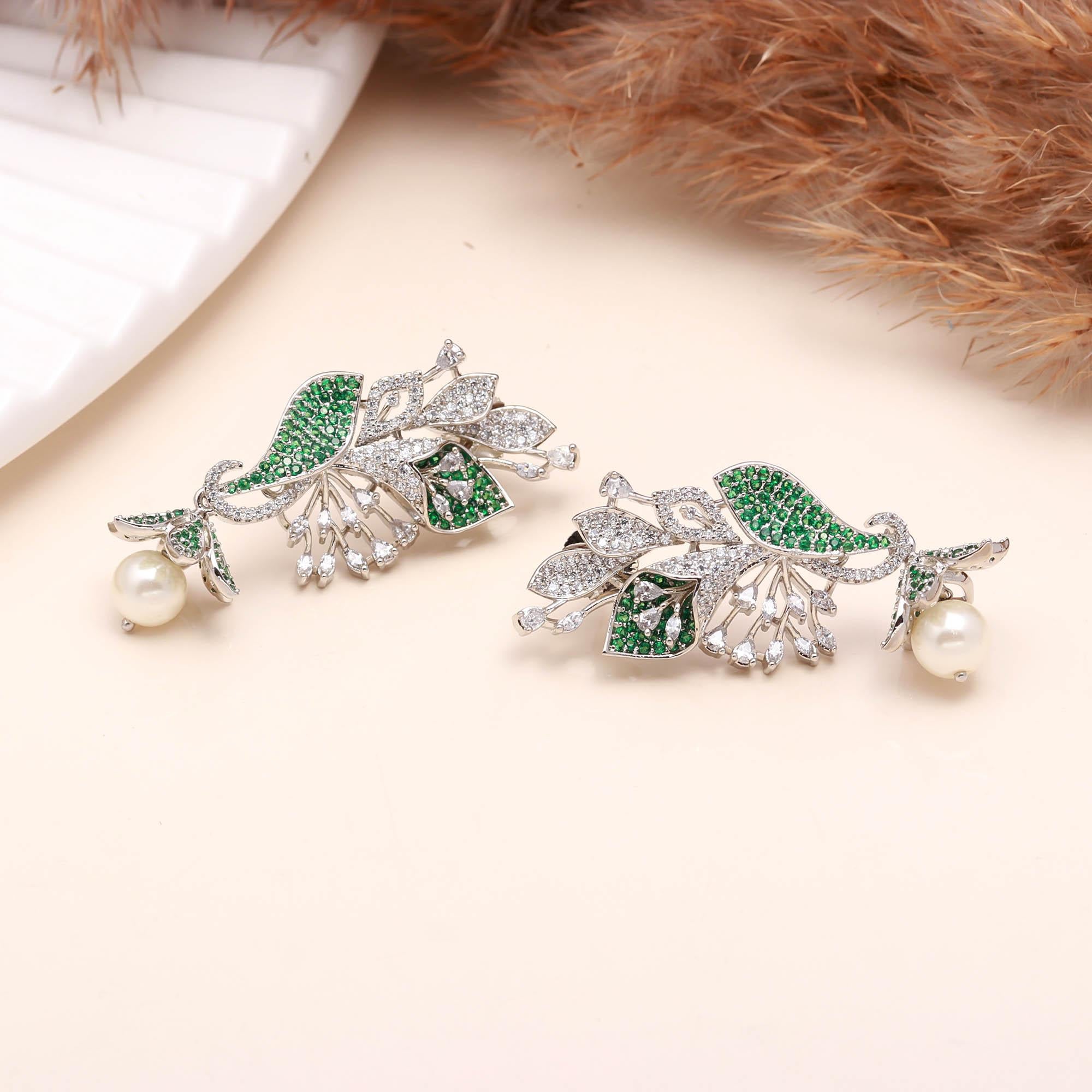 Luxury Black and White American Diamond (AD) Floral Pearl Dangler Earrings - Haamsi