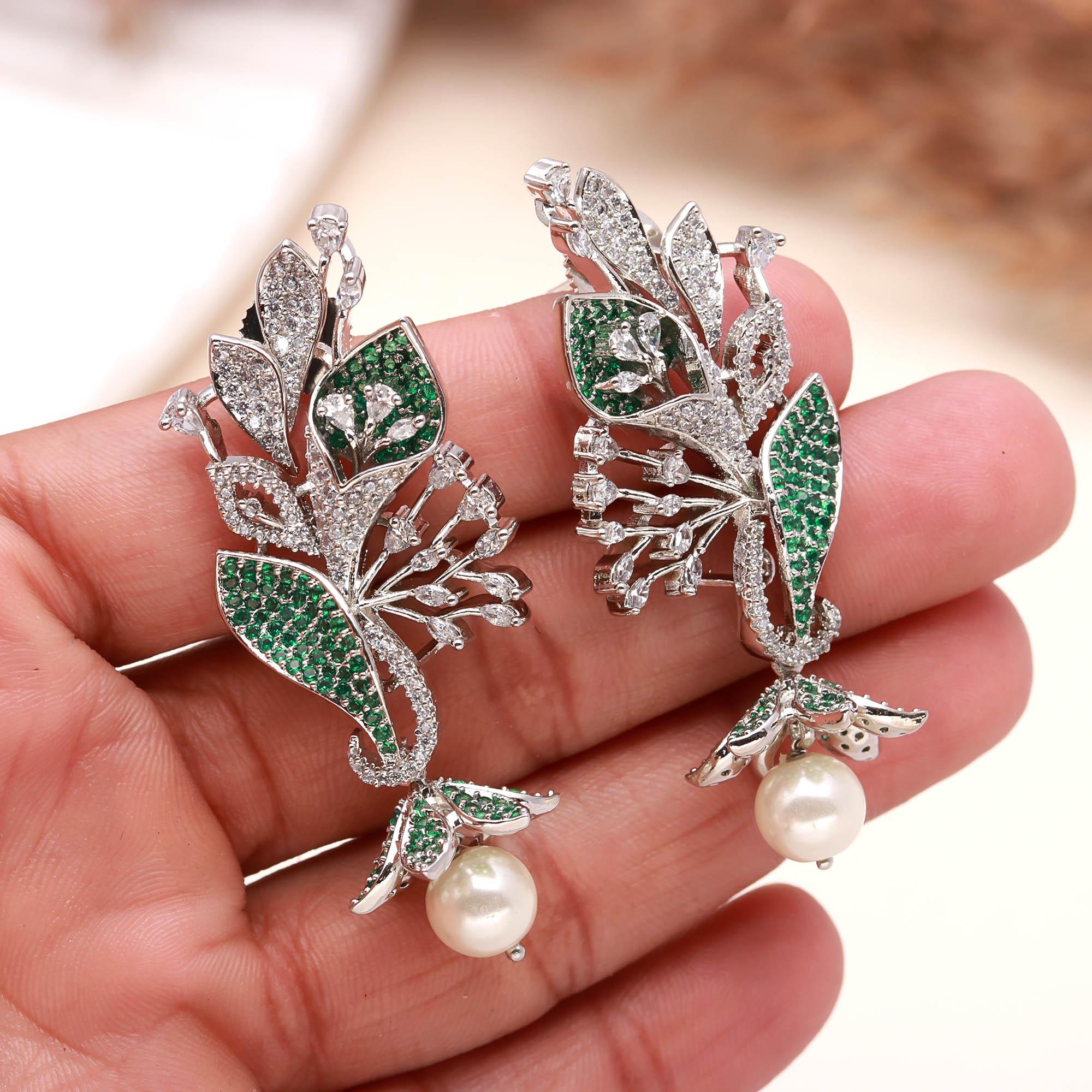 Luxury Black and White American Diamond (AD) Floral Pearl Dangler Earrings - Haamsi