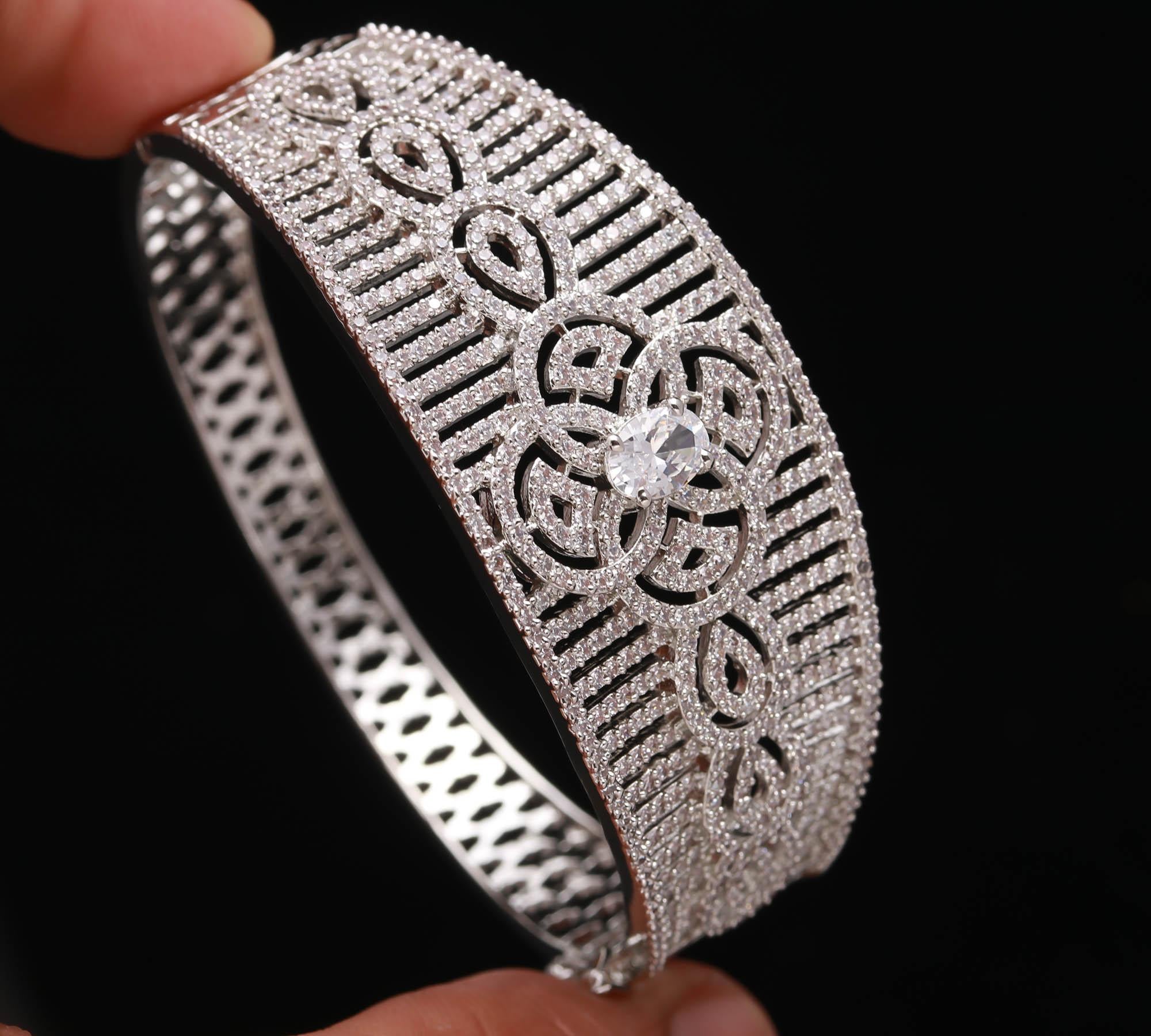 Exquisite Diamond-Studded White Gold Cuff Bracelet for Women | Luxury Pave Set Wide Bangle