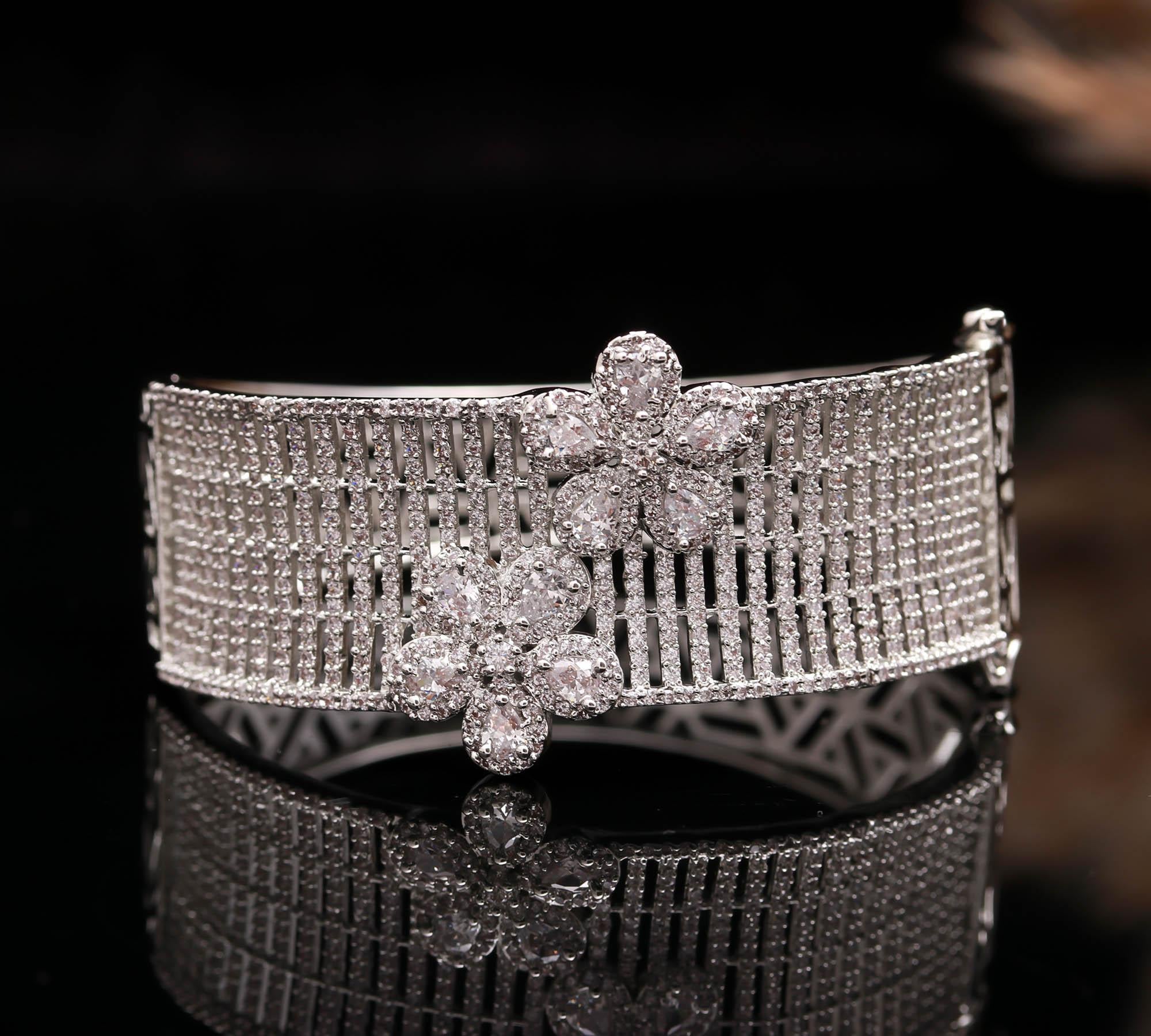 Elegant Silver Floral Diamond Bangle for Women | Luxury CZ Stone Bracelet for Weddings & Parties