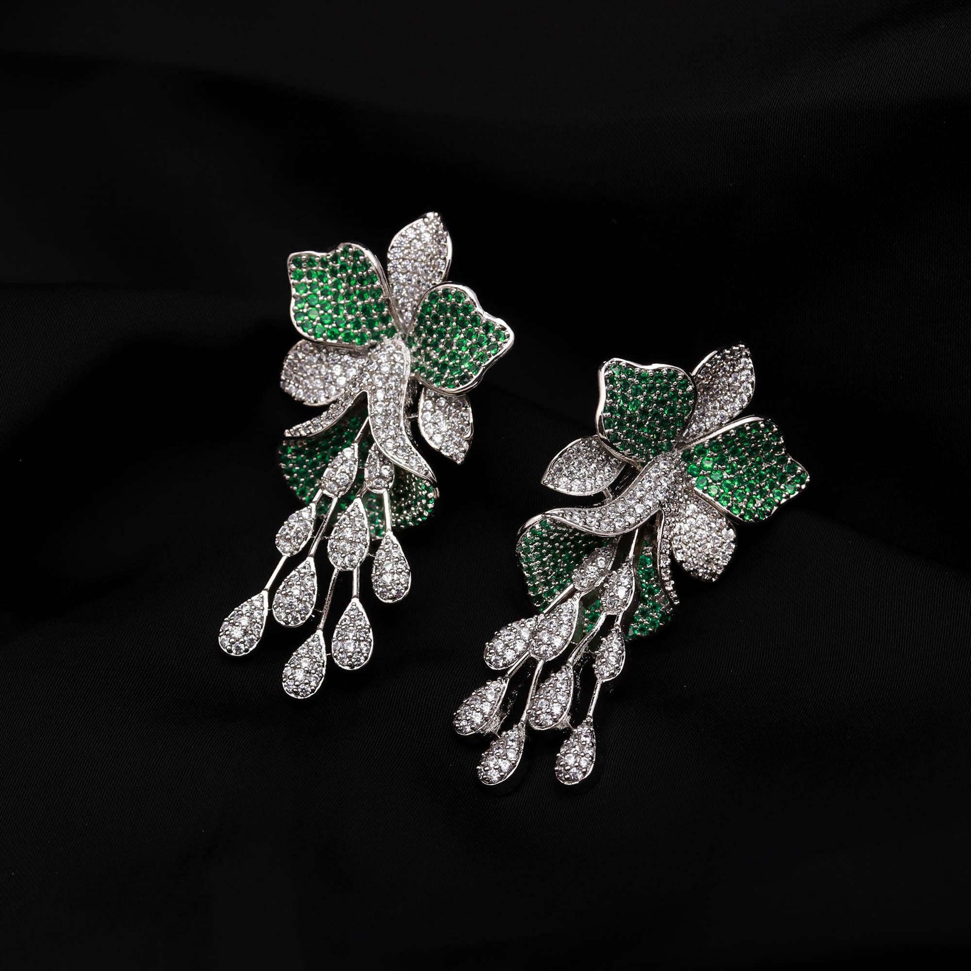 Luxury  American Diamond (AD) Flower Dangler Statement Earrings - Haamsi