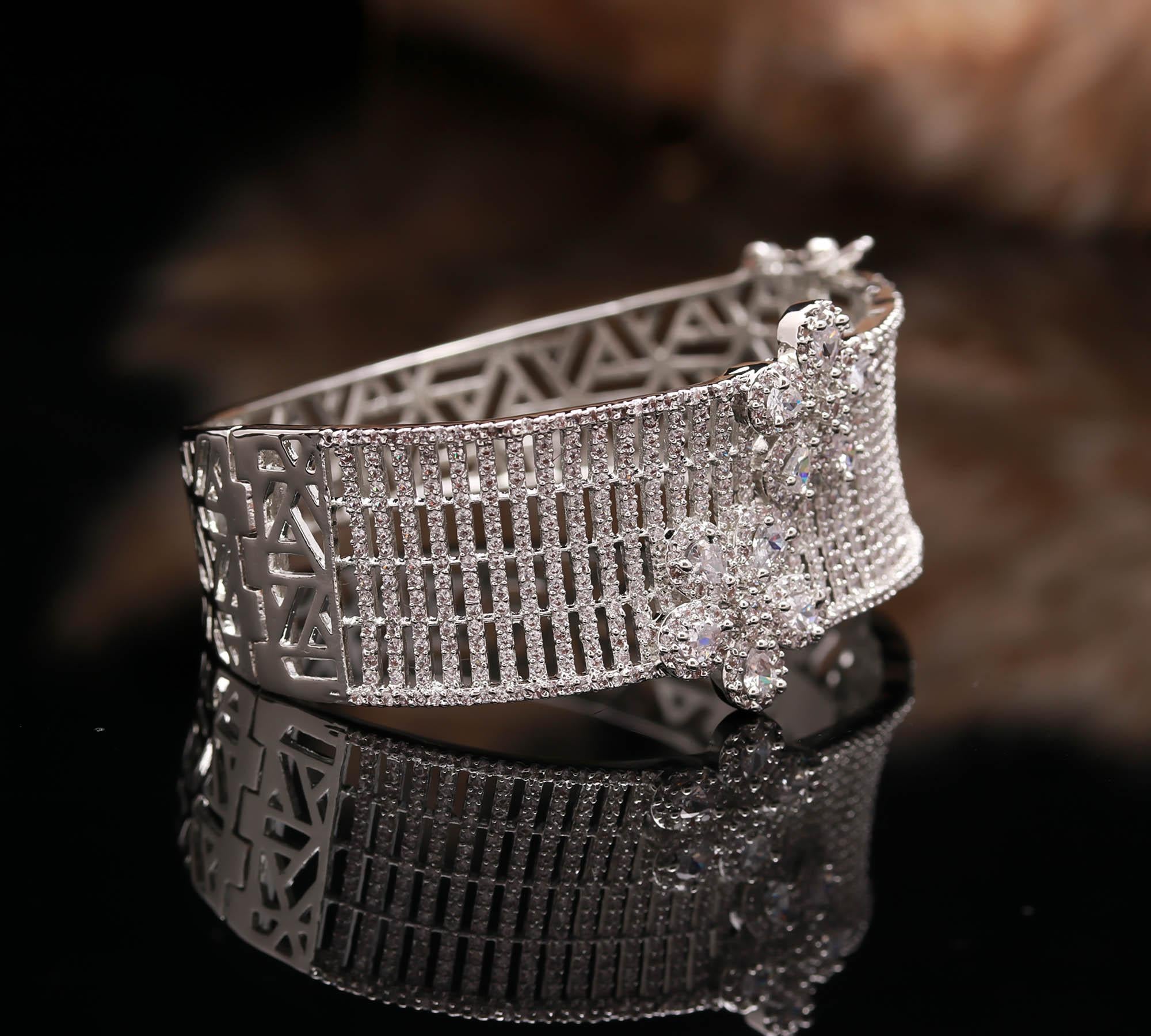Elegant Silver Floral Diamond Bangle for Women | Luxury CZ Stone Bracelet for Weddings & Parties