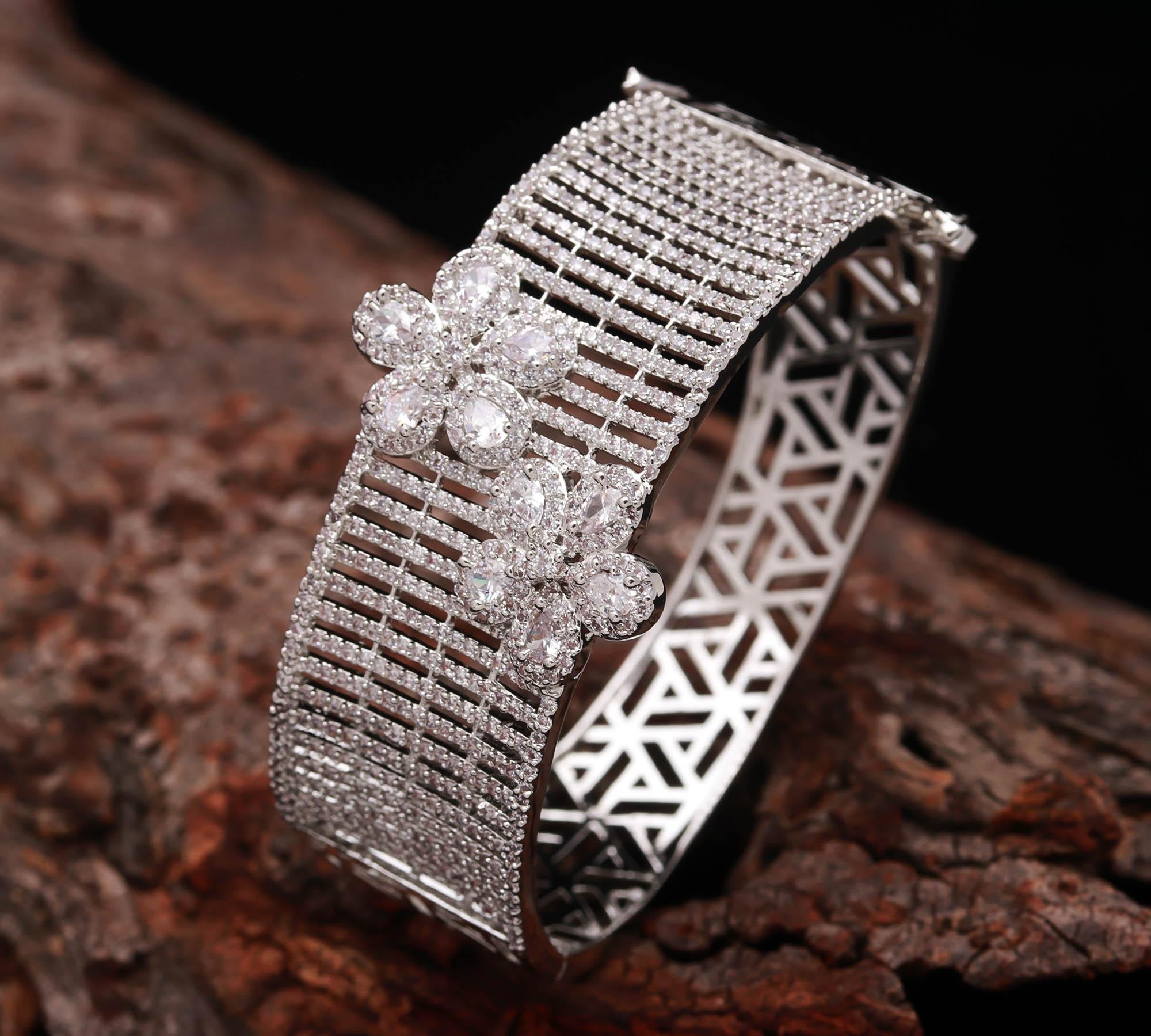 Elegant Silver Floral Diamond Bangle for Women | Luxury CZ Stone Bracelet for Weddings & Parties