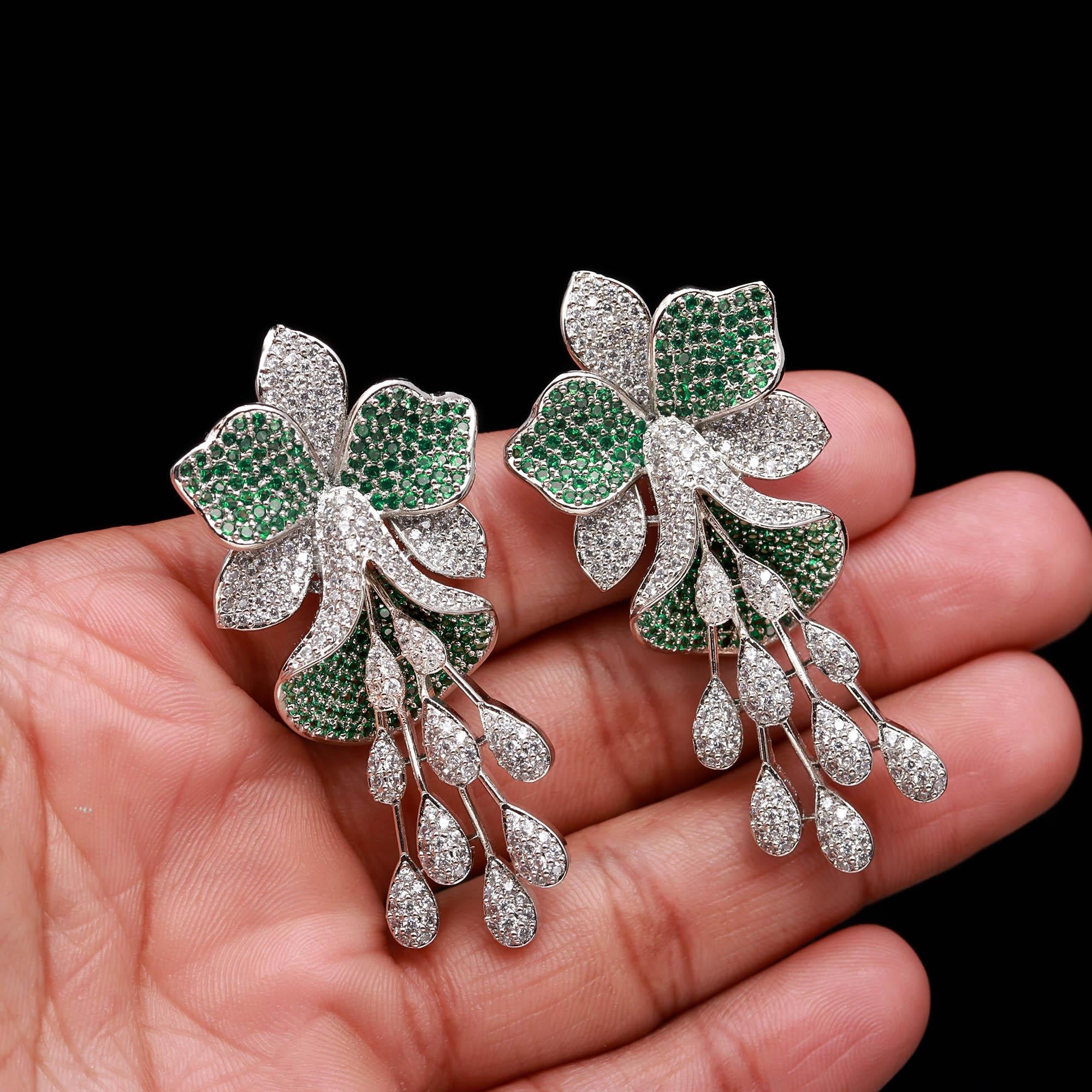 Luxury  American Diamond (AD) Flower Dangler Statement Earrings