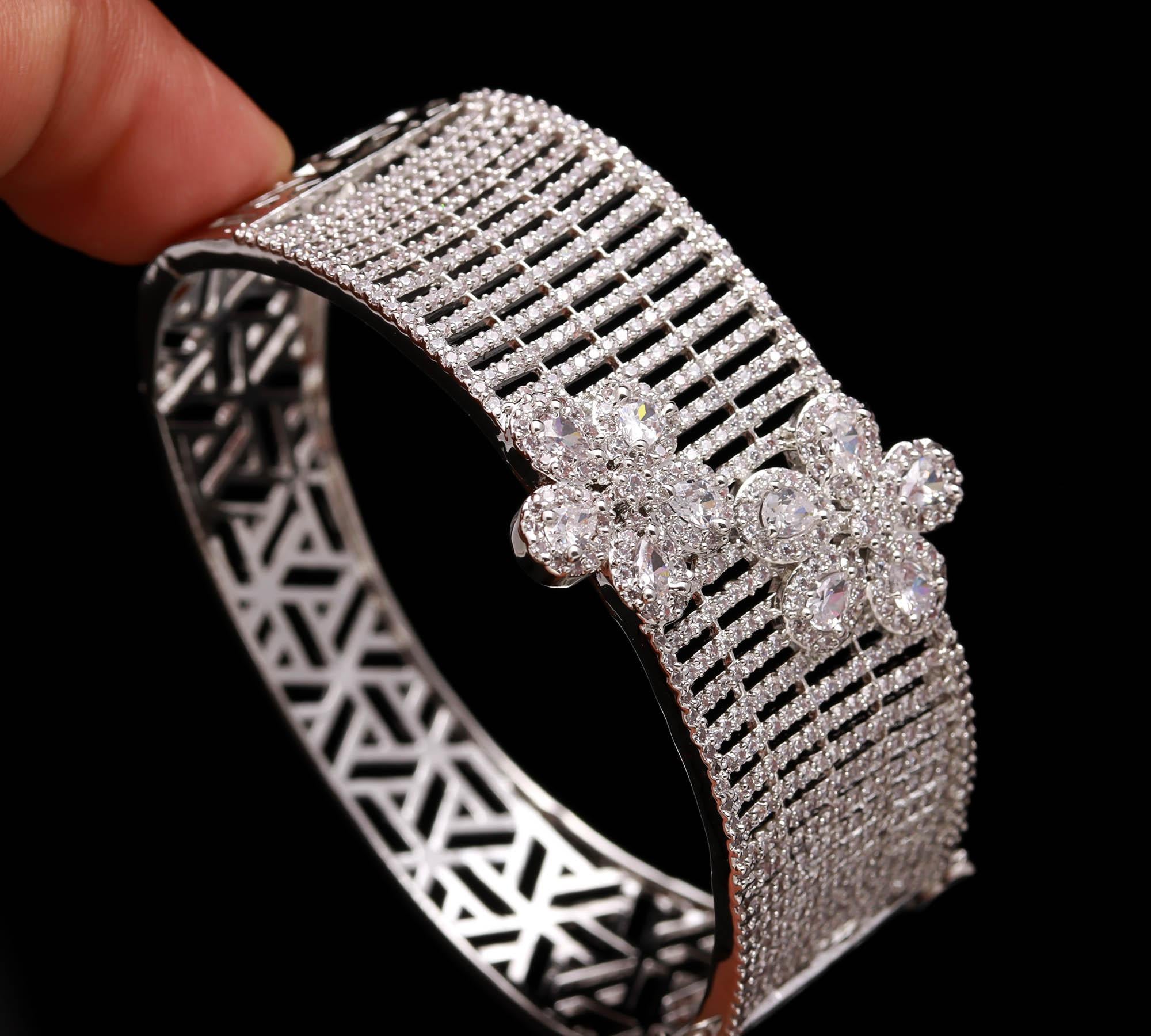 Elegant Silver Floral Diamond Bangle for Women | Luxury CZ Stone Bracelet for Weddings & Parties