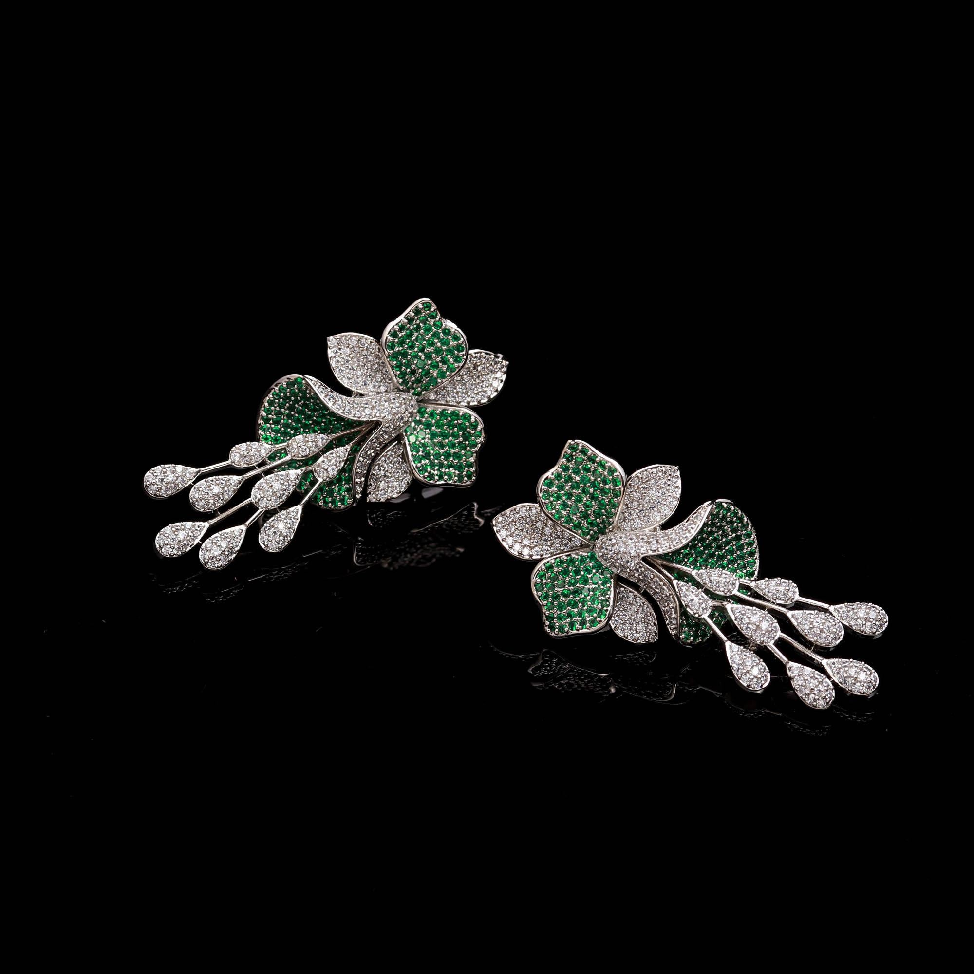 Luxury  American Diamond (AD) Flower Dangler Statement Earrings - Haamsi