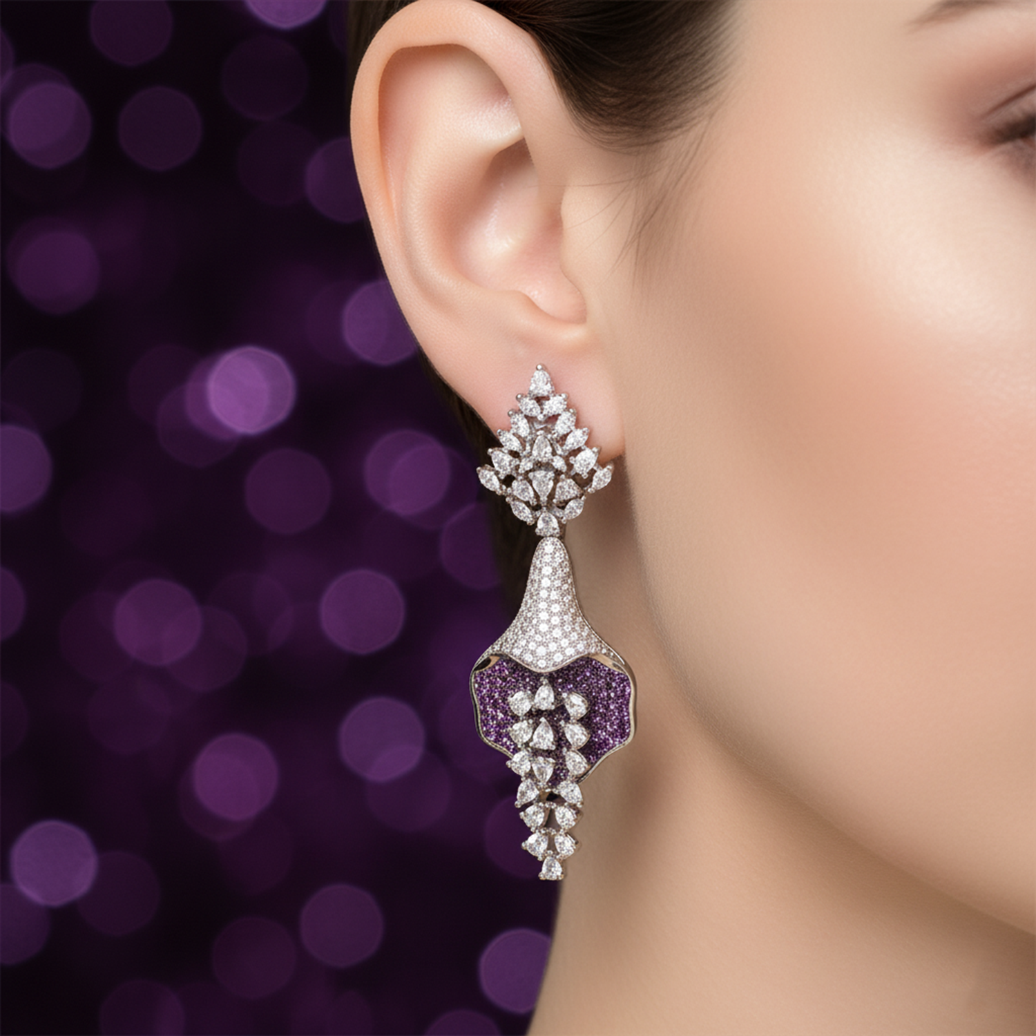 Luxurious Sapphire Blue & White American Diamond (AD) Floral Drop Earrings | Statement Party Wear - Haamsi