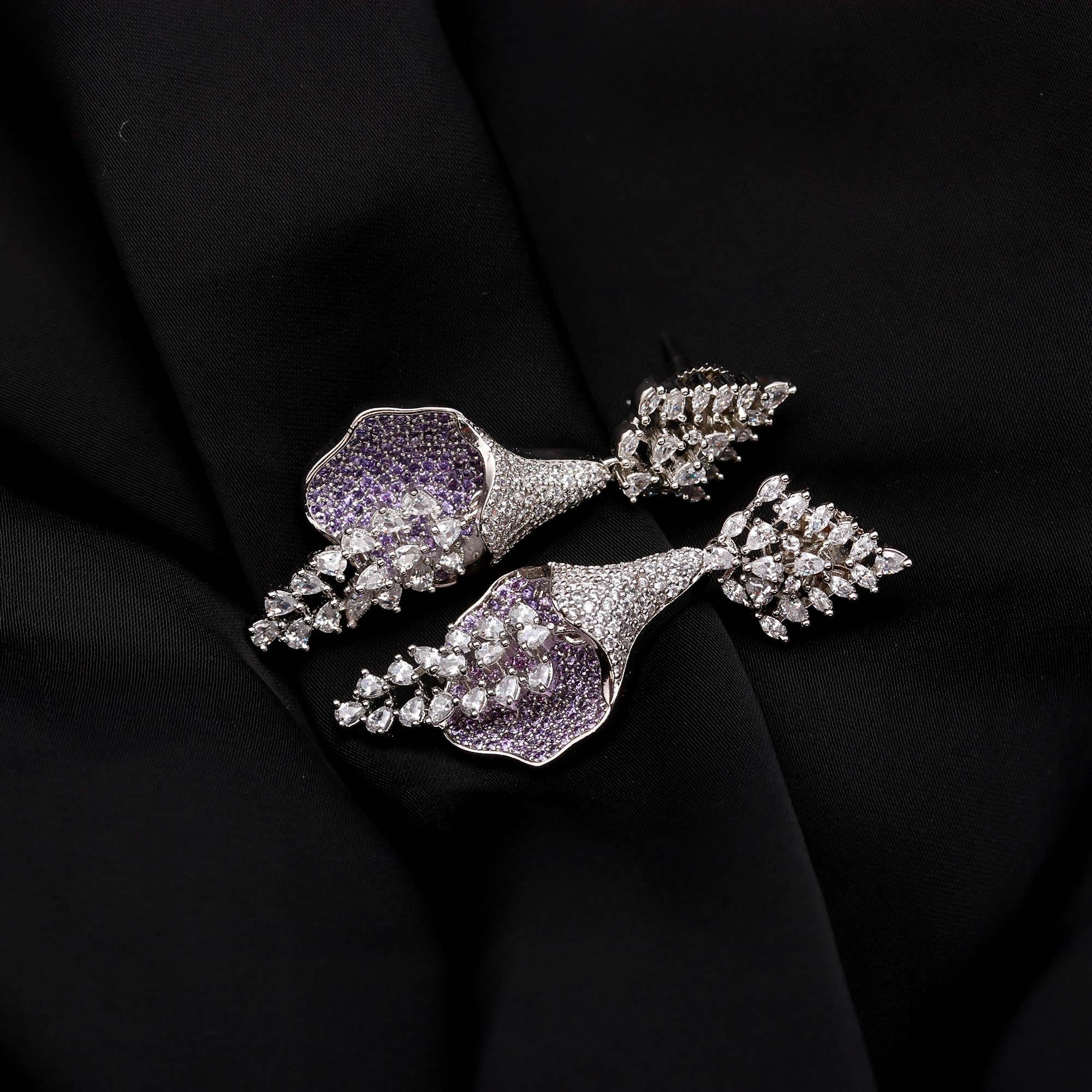 Luxurious Sapphire Blue & White American Diamond (AD) Floral Drop Earrings | Statement Party Wear - Haamsi