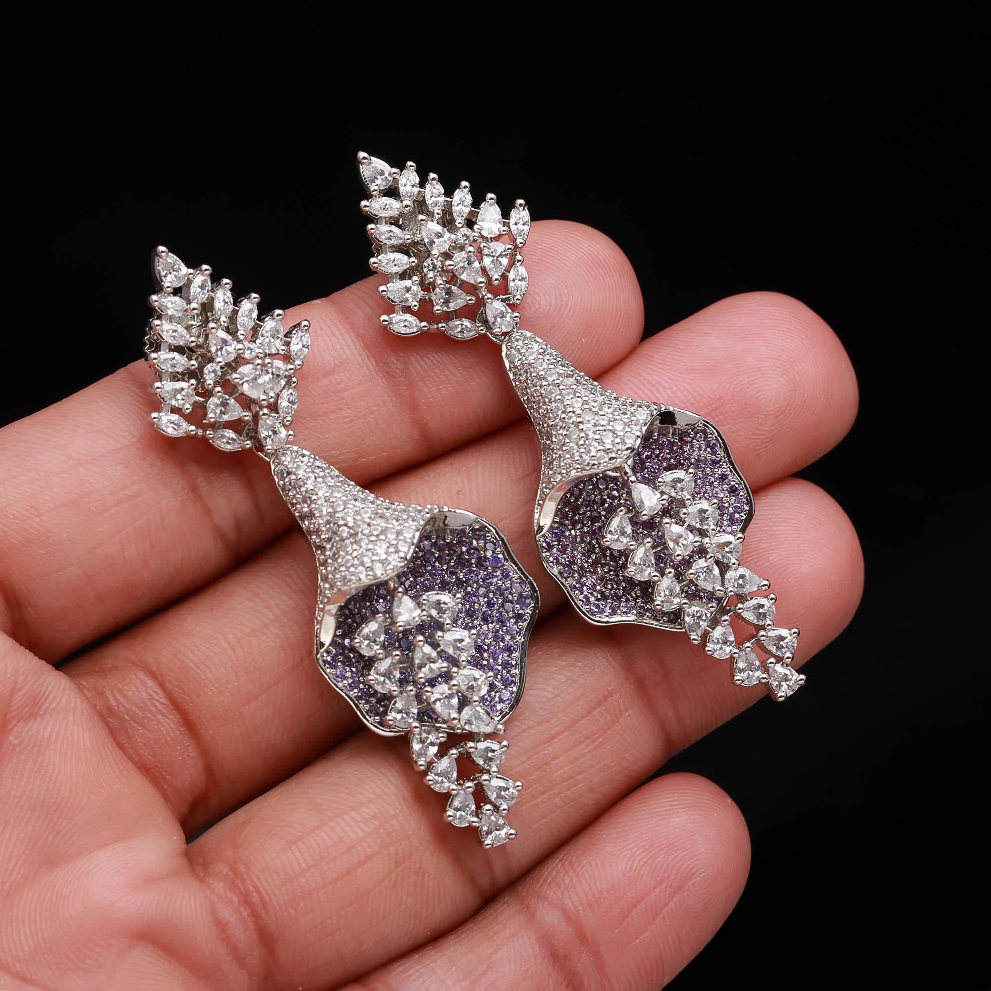 Luxurious Sapphire Blue & White American Diamond (AD) Floral Drop Earrings | Statement Party Wear - Haamsi