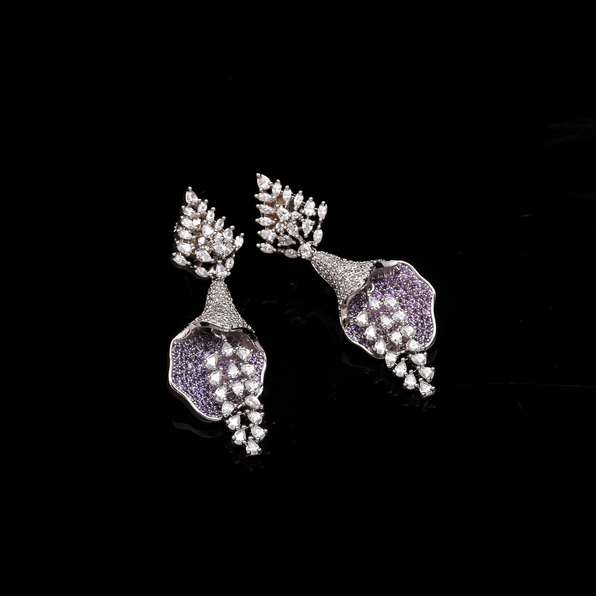 Luxurious Sapphire Blue & White American Diamond (AD) Floral Drop Earrings | Statement Party Wear - Haamsi