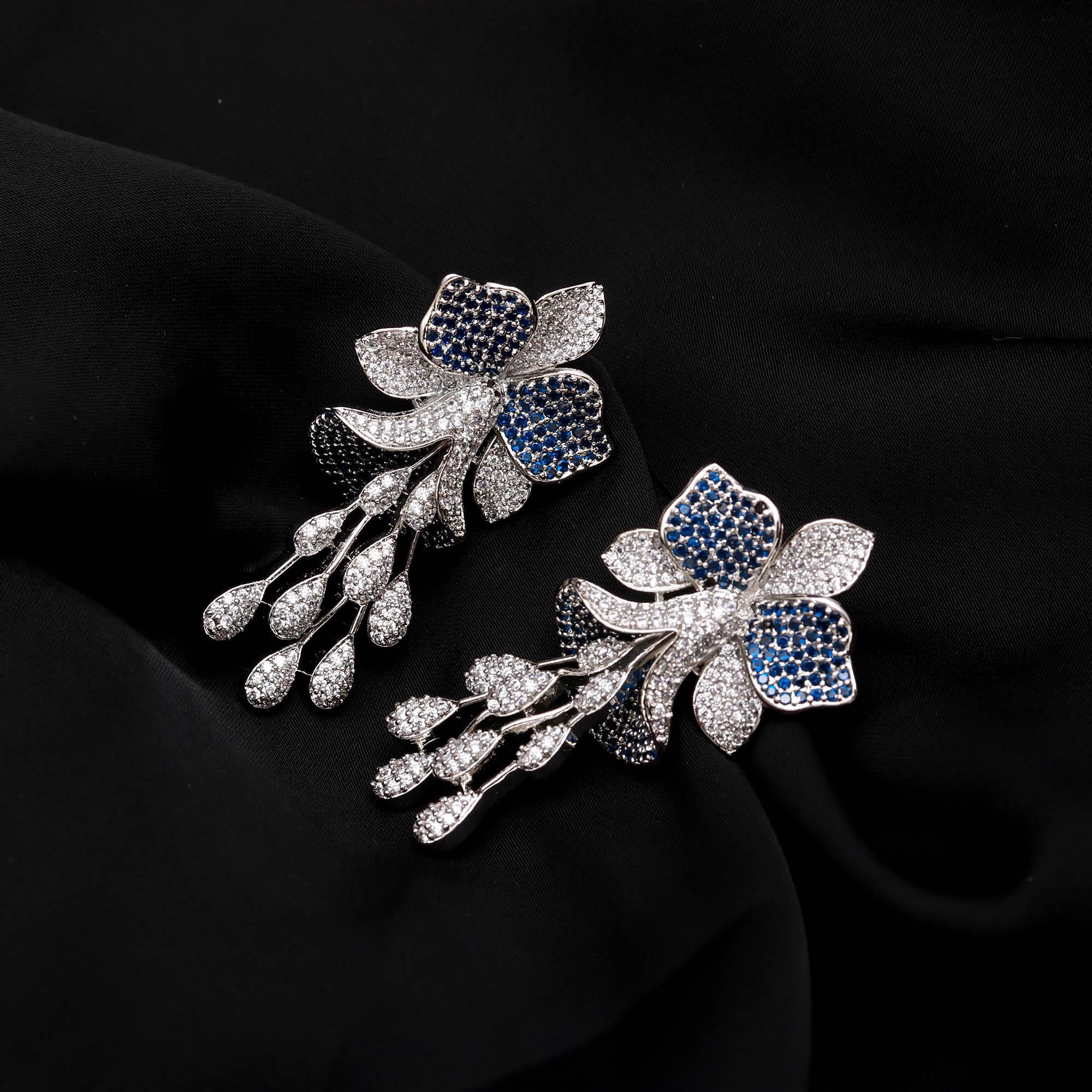 Luxury  American Diamond (AD) Flower Dangler Statement Earrings - Haamsi