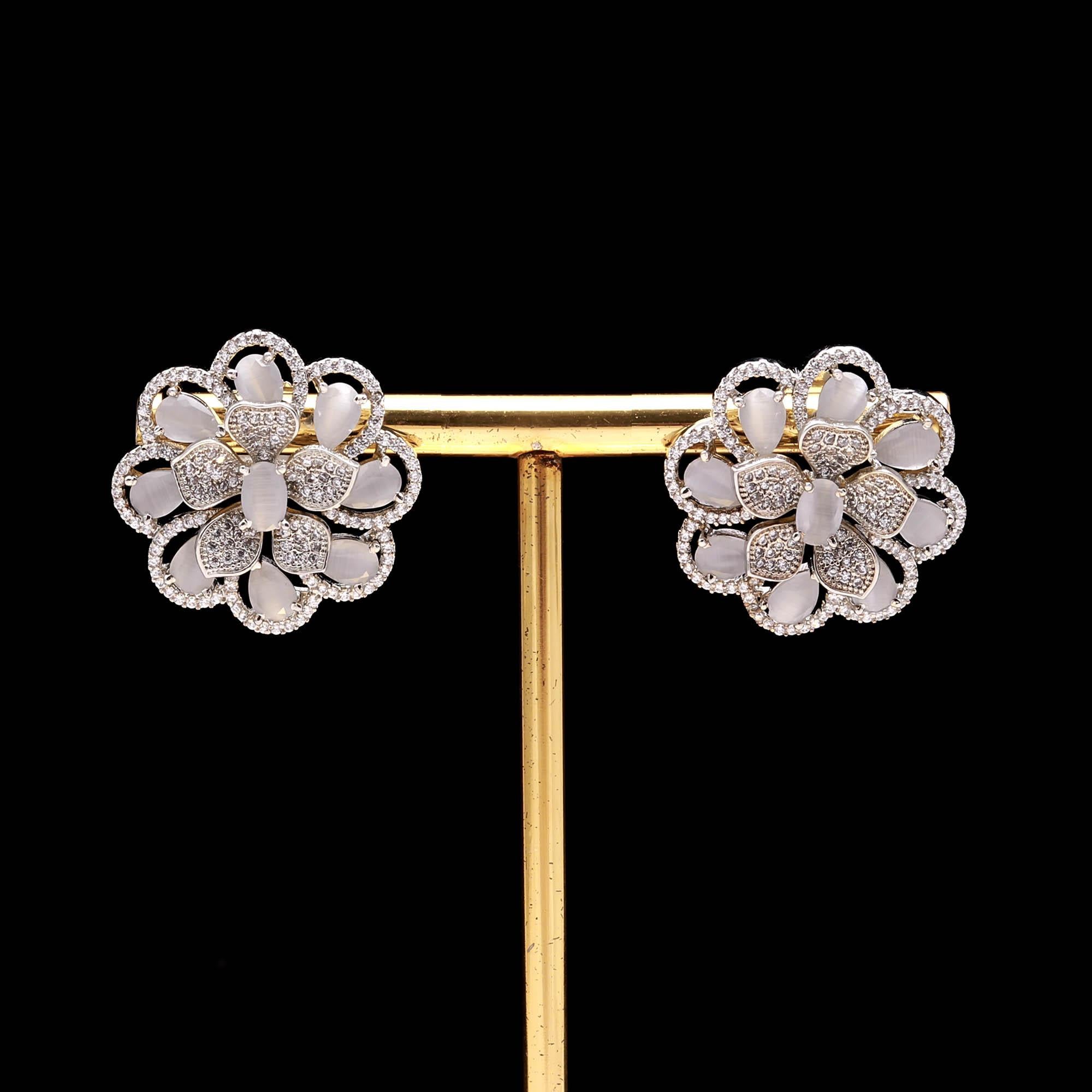 American Diamond (AD) Floral Stud Earrings | Multi-Color Options - Haamsi