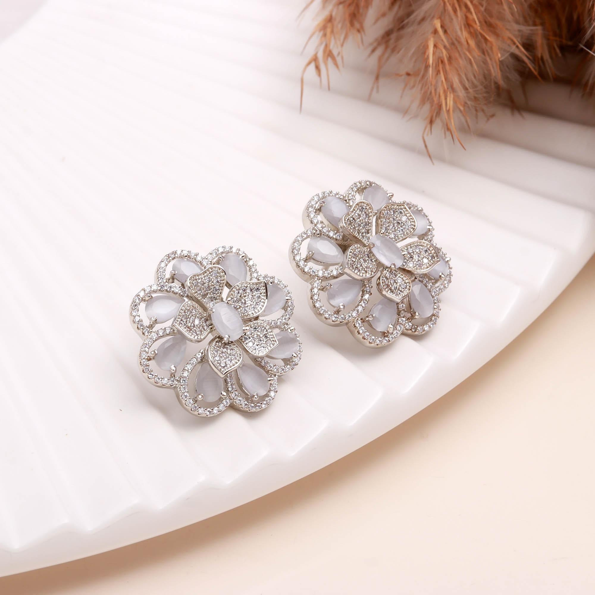 American Diamond (AD) Floral Stud Earrings | Multi-Color Options - Haamsi