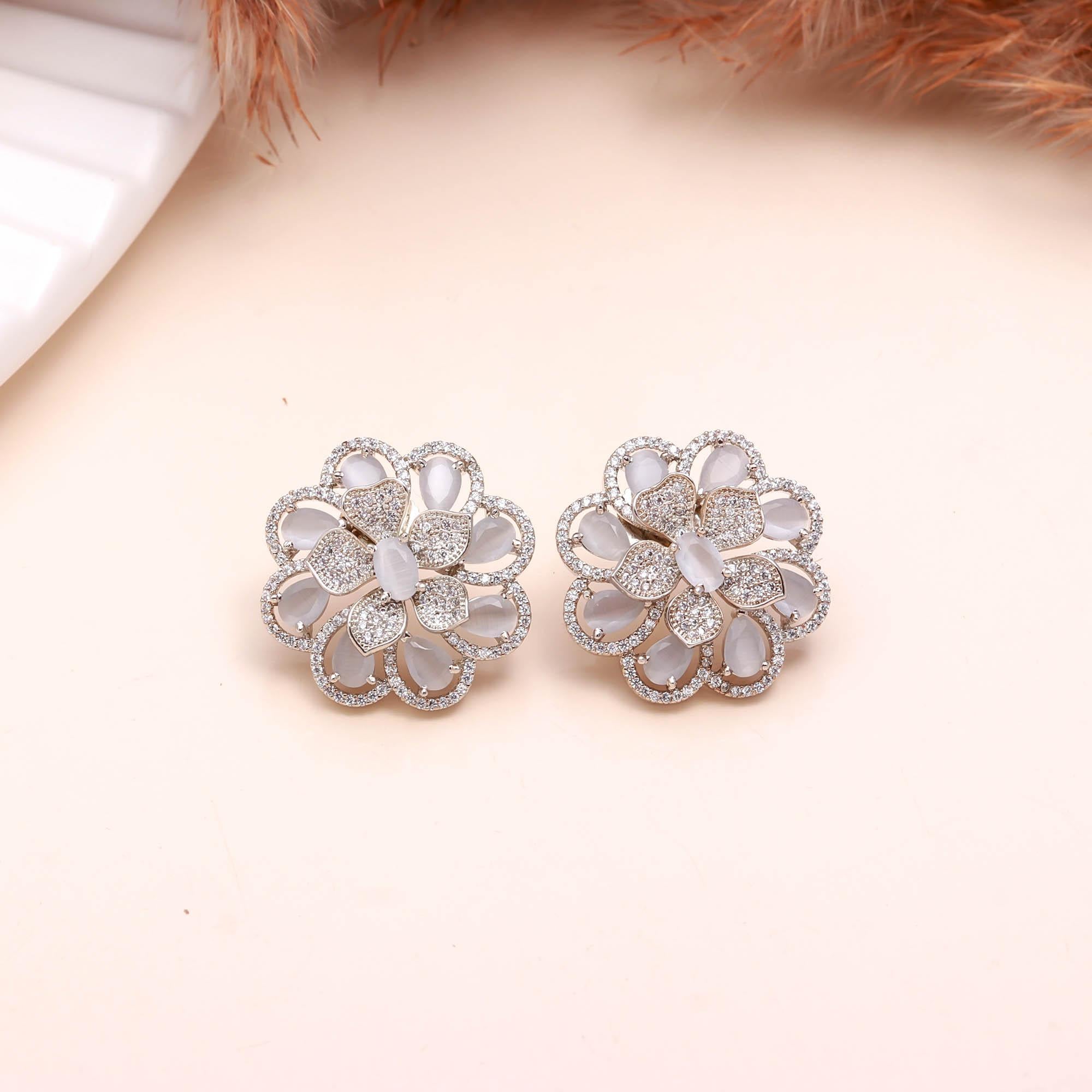 American Diamond (AD) Floral Stud Earrings | Multi-Color Options - Haamsi