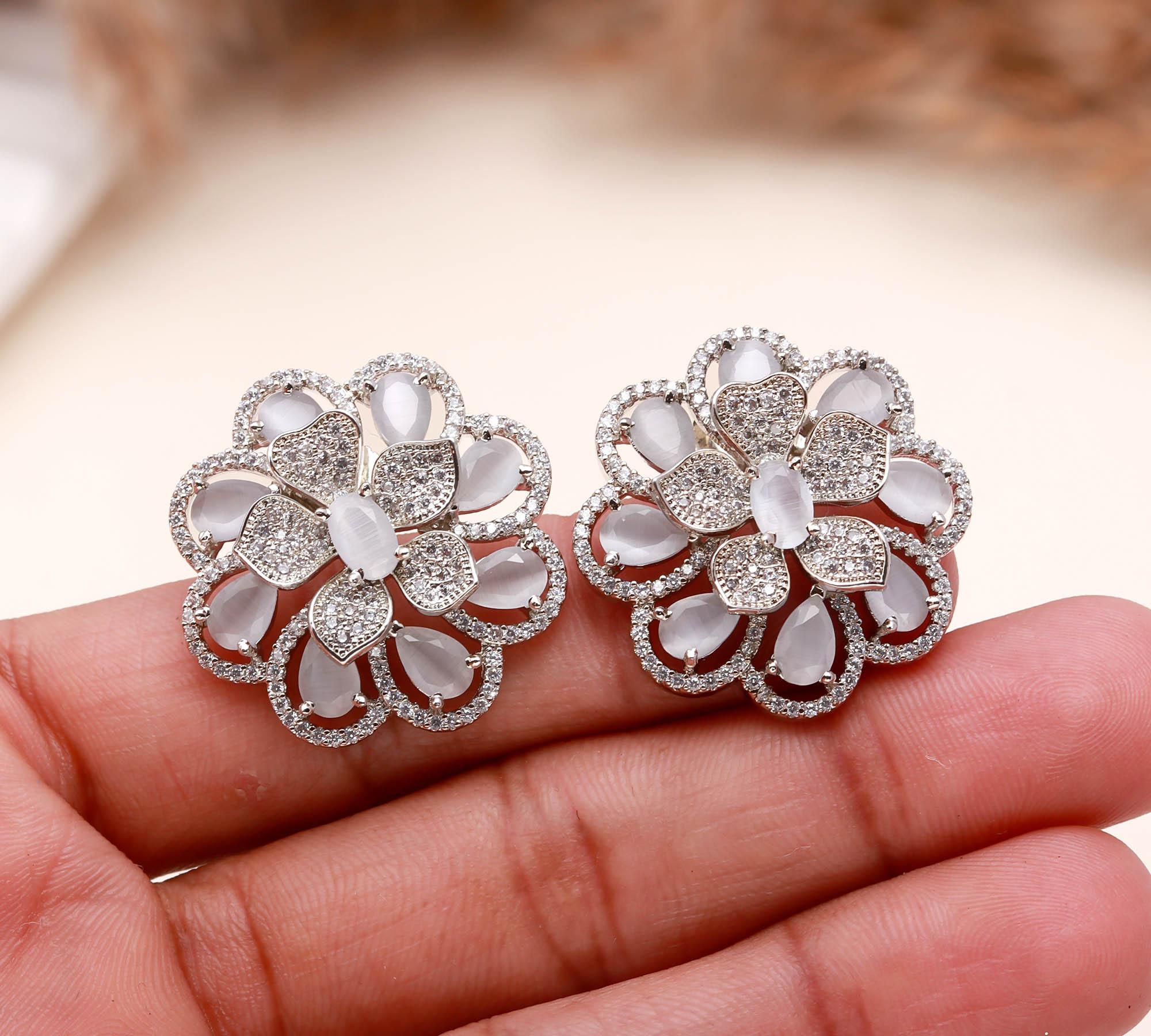 American Diamond (AD) Floral Stud Earrings | Multi-Color Options - Haamsi