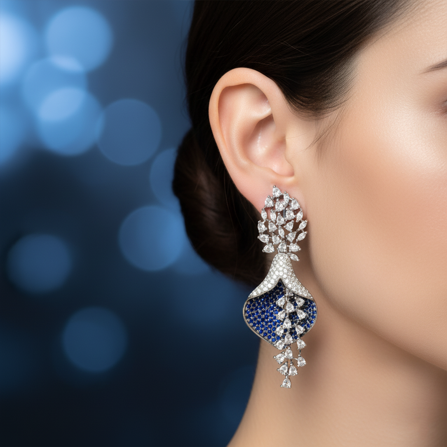 Luxurious Sapphire Blue & White American Diamond (AD) Floral Drop Earrings | Statement Party Wear