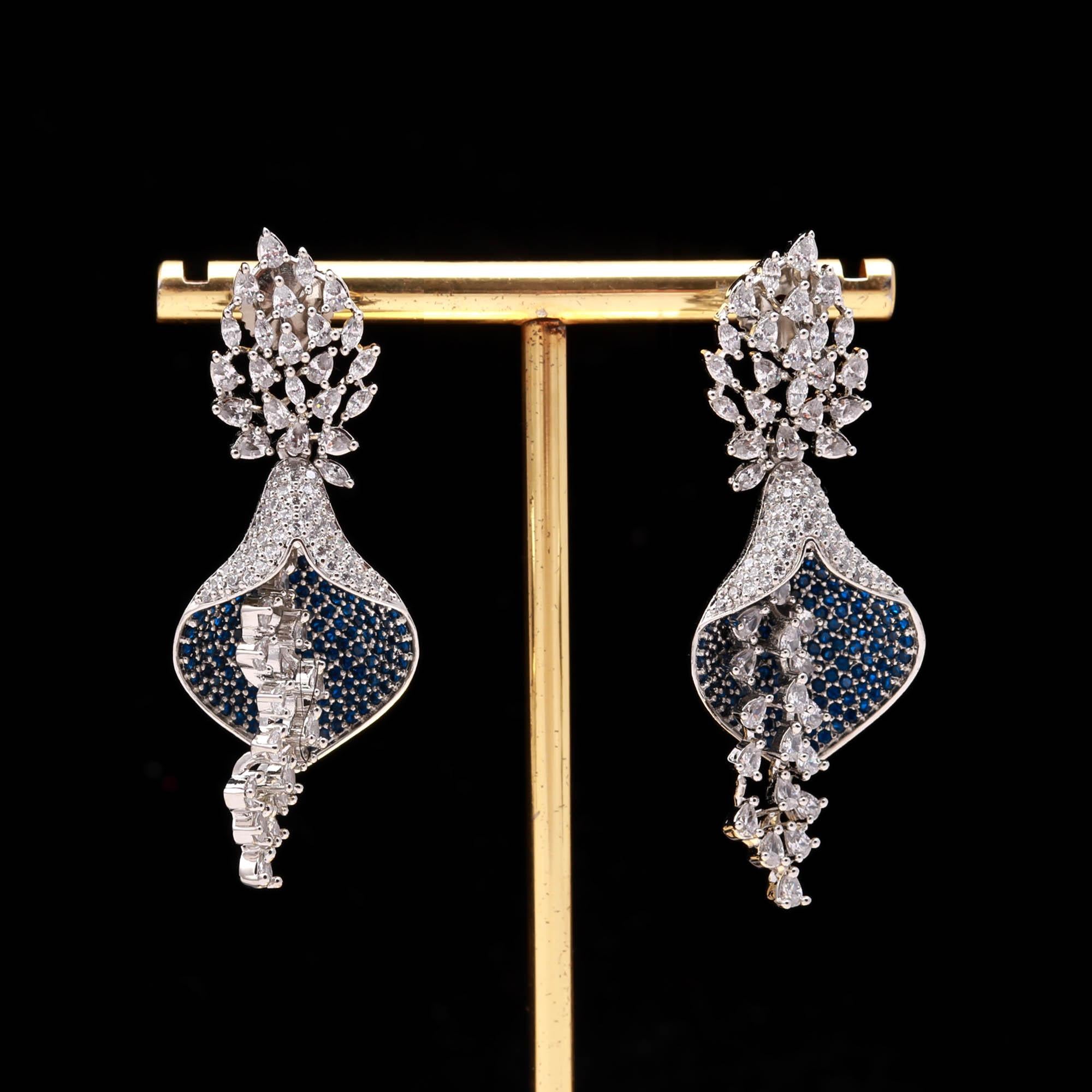 Luxurious Sapphire Blue & White American Diamond (AD) Floral Drop Earrings | Statement Party Wear - Haamsi