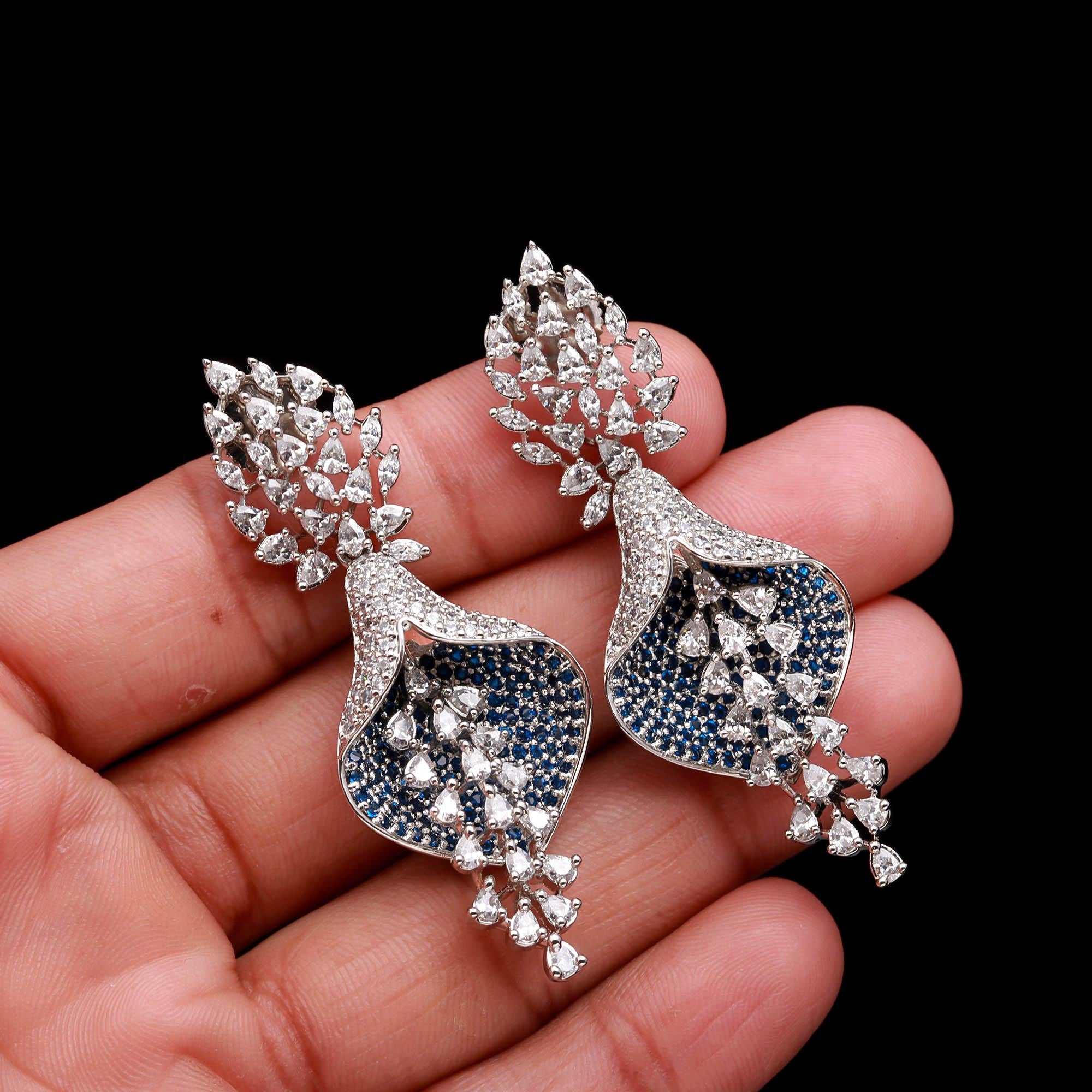 Luxurious Sapphire Blue & White American Diamond (AD) Floral Drop Earrings | Statement Party Wear