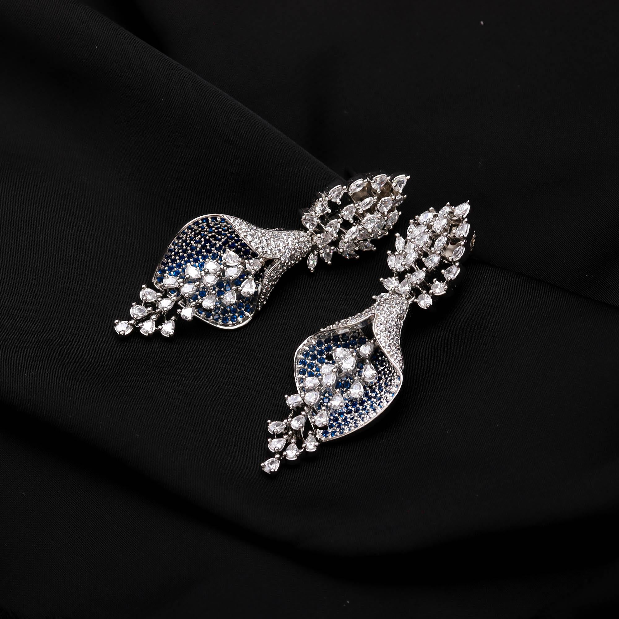 Luxurious Sapphire Blue & White American Diamond (AD) Floral Drop Earrings | Statement Party Wear - Haamsi