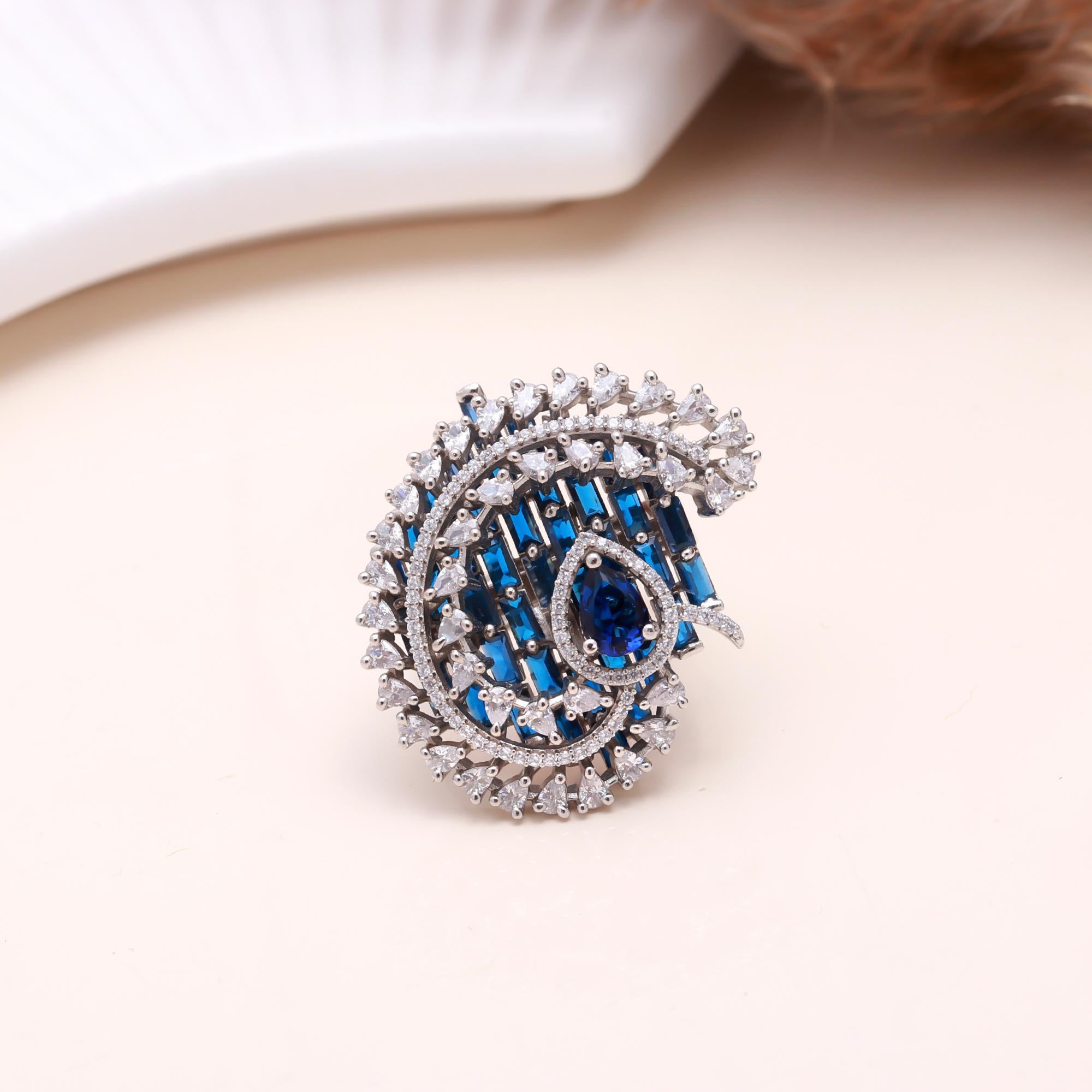 Royal Blue Sapphire Statement Ring for Women – Elegant Silver Plated Cocktail Ring with Sparkling CZ Diamonds | Haamsi Jewellery