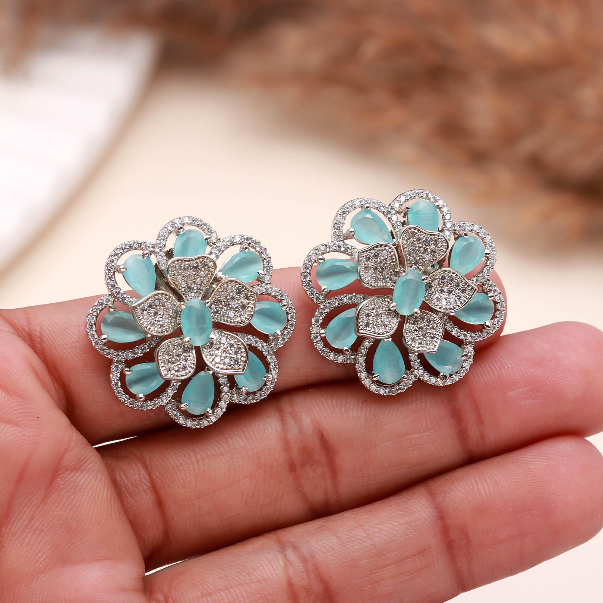 American Diamond (AD) Floral Stud Earrings | Multi-Color Options - Haamsi