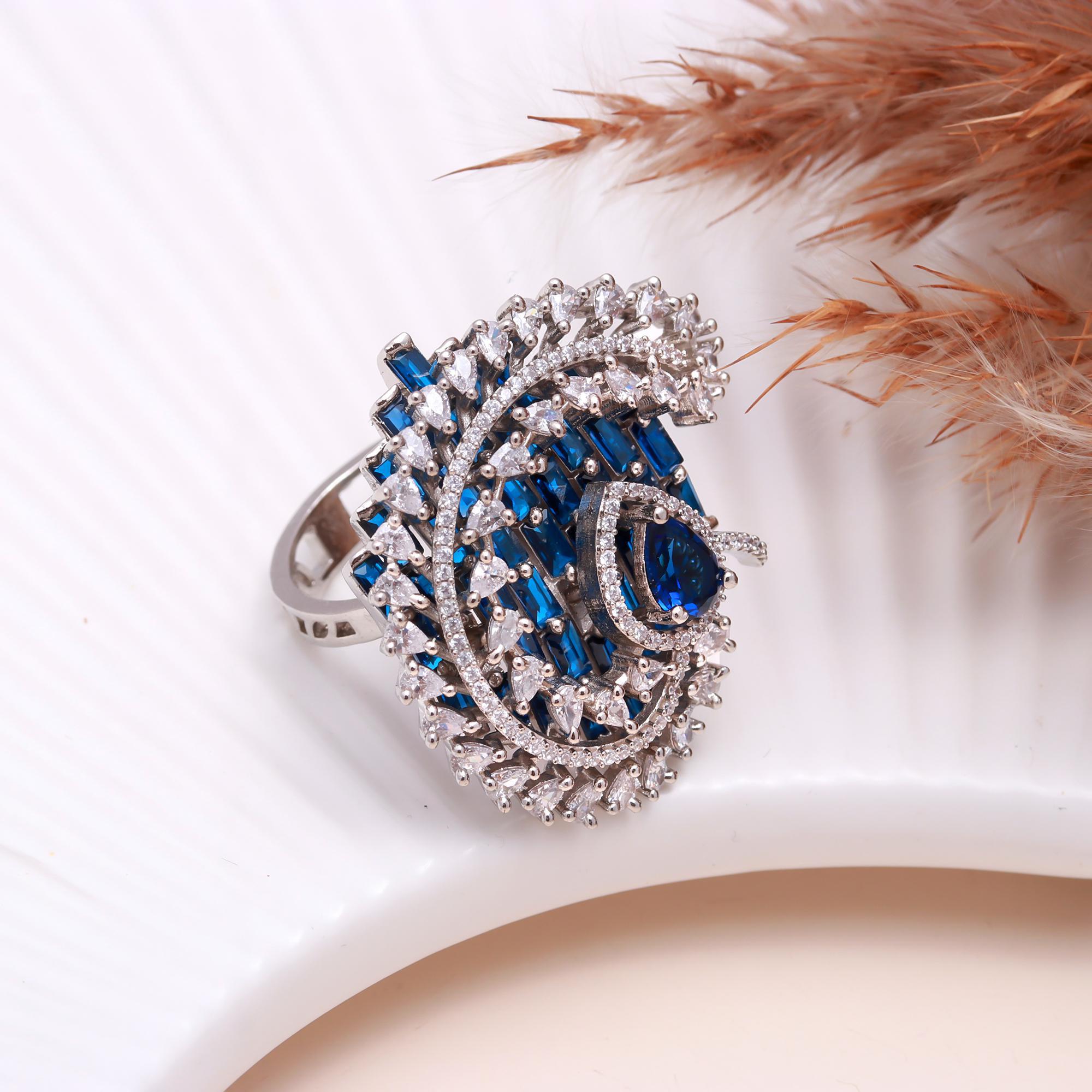 Royal Blue Sapphire Statement Ring for Women – Elegant Silver Plated Cocktail Ring with Sparkling CZ Diamonds | Haamsi Jewellery