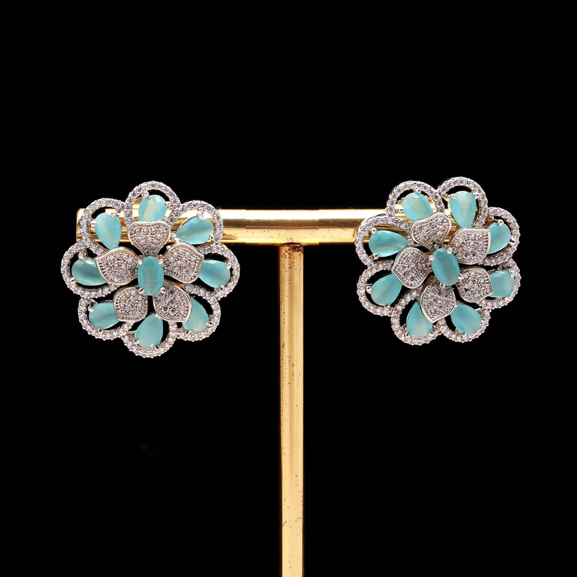 American Diamond (AD) Floral Stud Earrings | Multi-Color Options - Haamsi