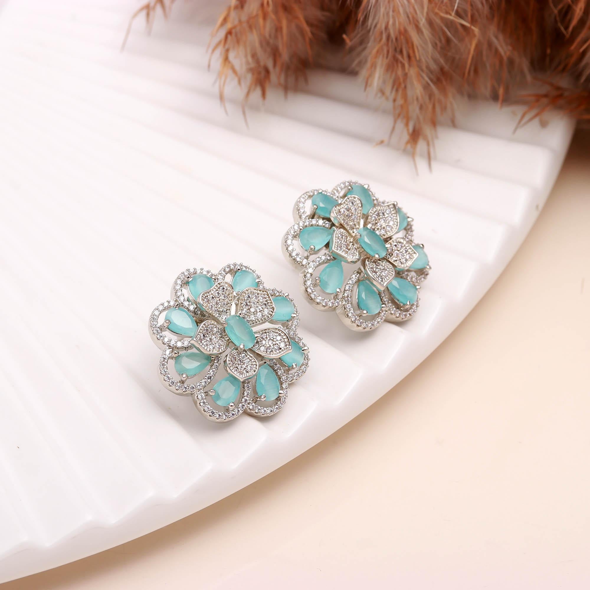American Diamond (AD) Floral Stud Earrings | Multi-Color Options - Haamsi
