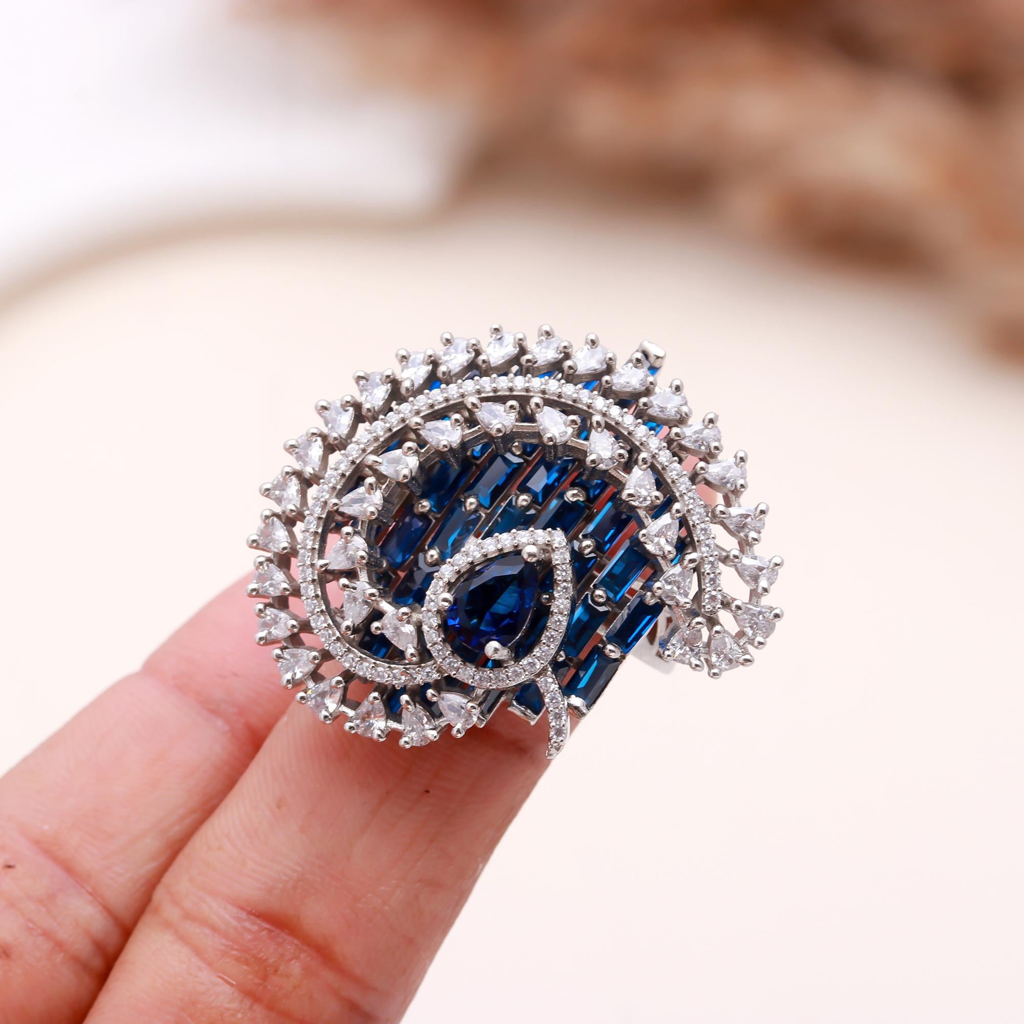 Royal Blue Sapphire Statement Ring for Women – Elegant Silver Plated Cocktail Ring with Sparkling CZ Diamonds | Haamsi Jewellery