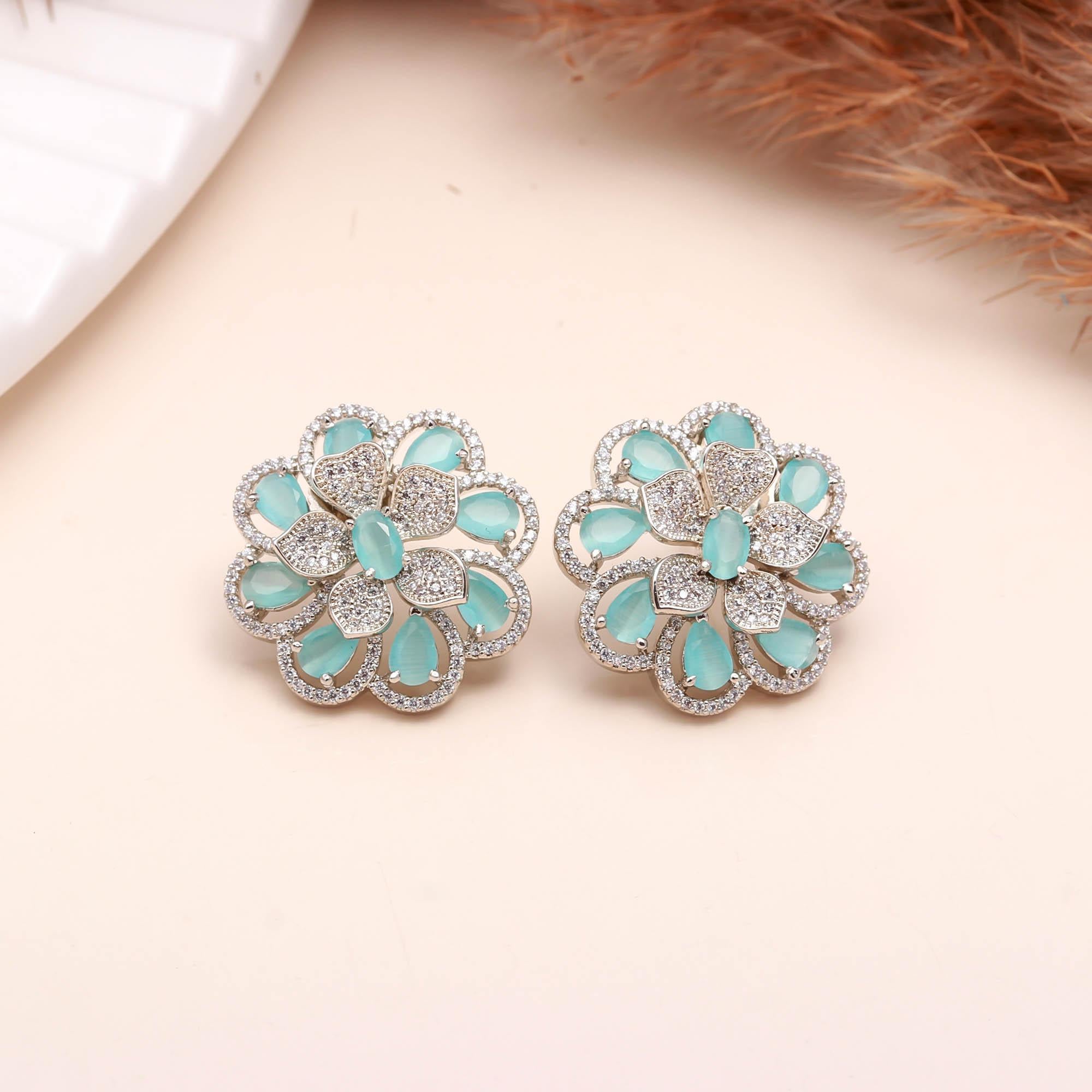 American Diamond (AD) Floral Stud Earrings | Multi-Color Options - Haamsi