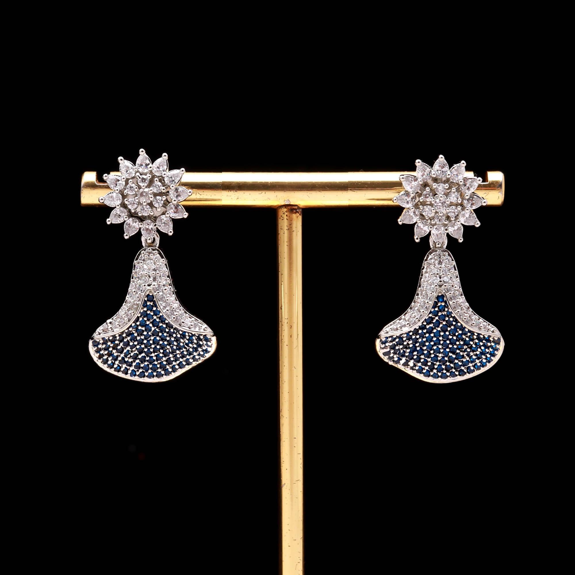 Emerald Green and White American Diamond (AD) Drop Earrings | Starburst Stud with Silver Toned Finish - Haamsi