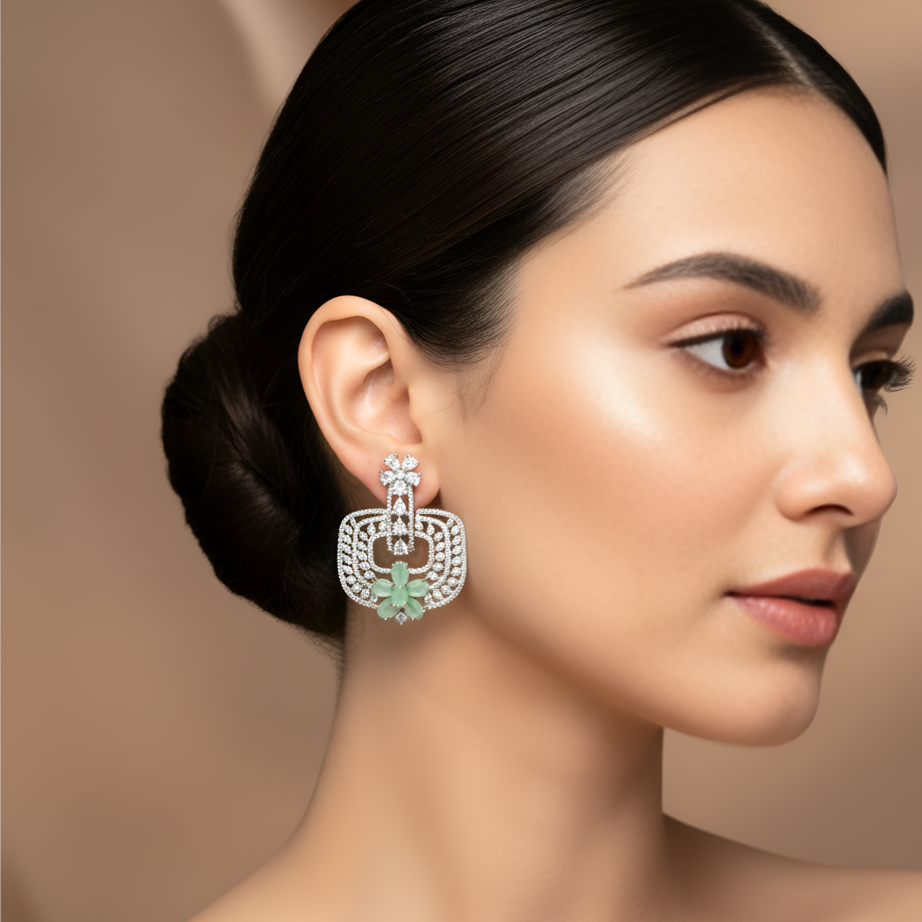 Trendy Mint Green and White American Diamond (AD) Geometric Statement Earrings | Available in Multi-Colors