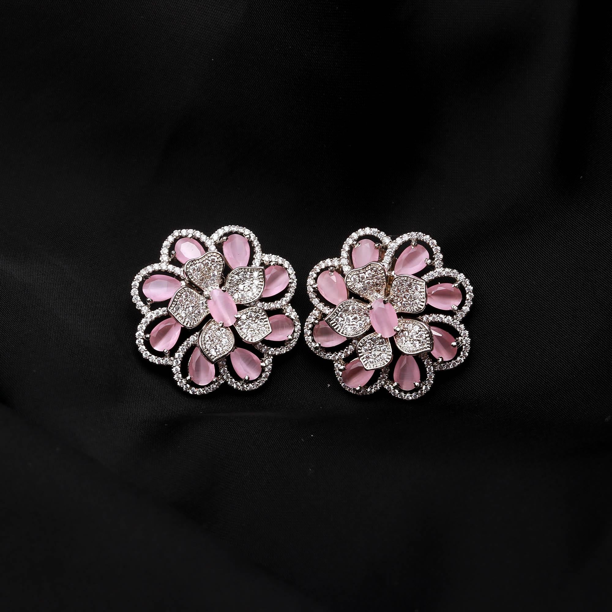 American Diamond (AD) Floral Stud Earrings | Multi-Color Options - Haamsi