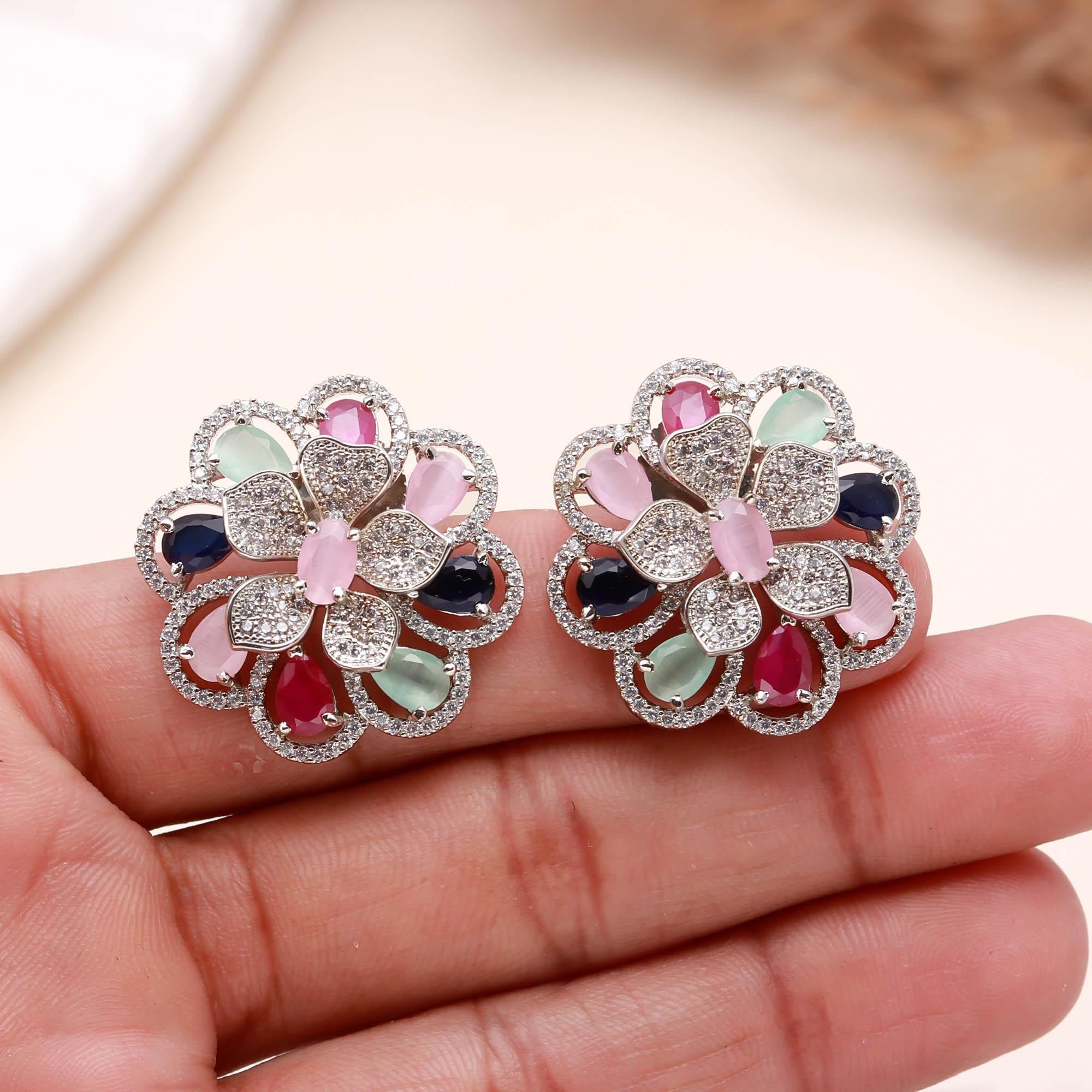 American Diamond (AD) Floral Stud Earrings | Multi-Color Options - Haamsi