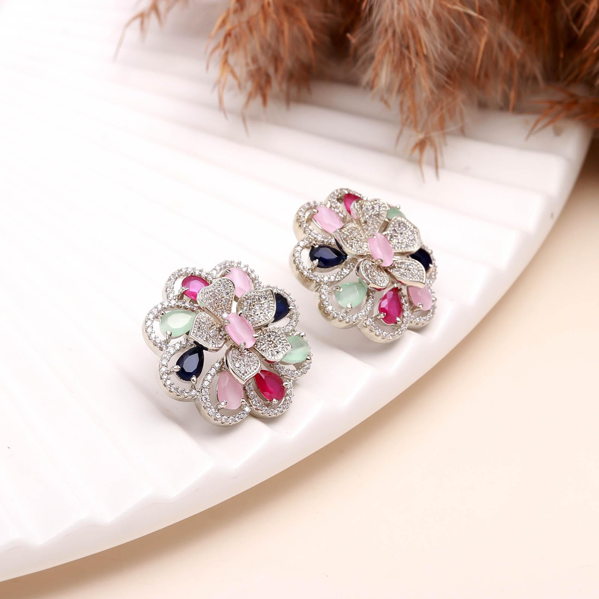 American Diamond (AD) Floral Stud Earrings | Multi-Color Options - Haamsi
