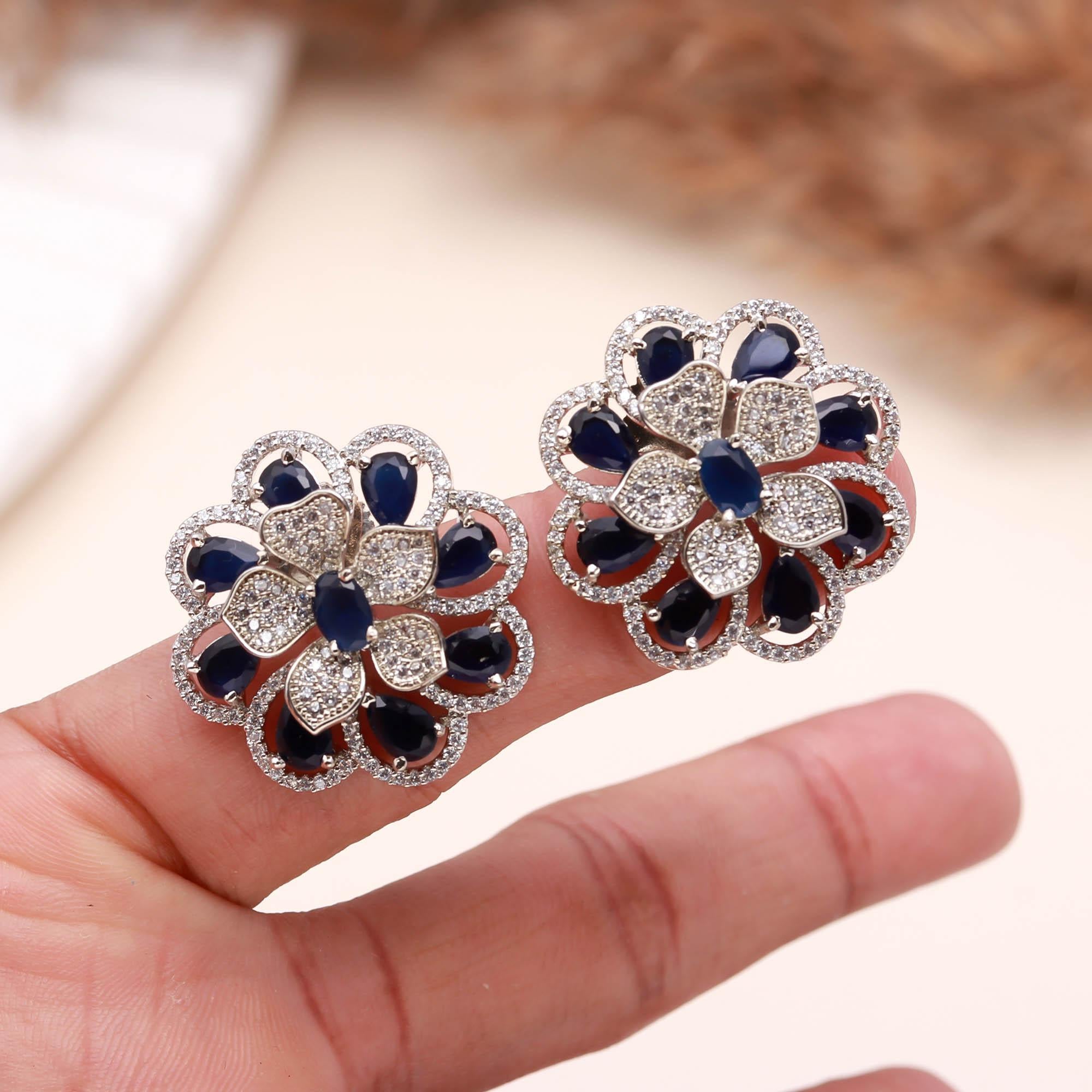 American Diamond (AD) Floral Stud Earrings | Multi-Color Options