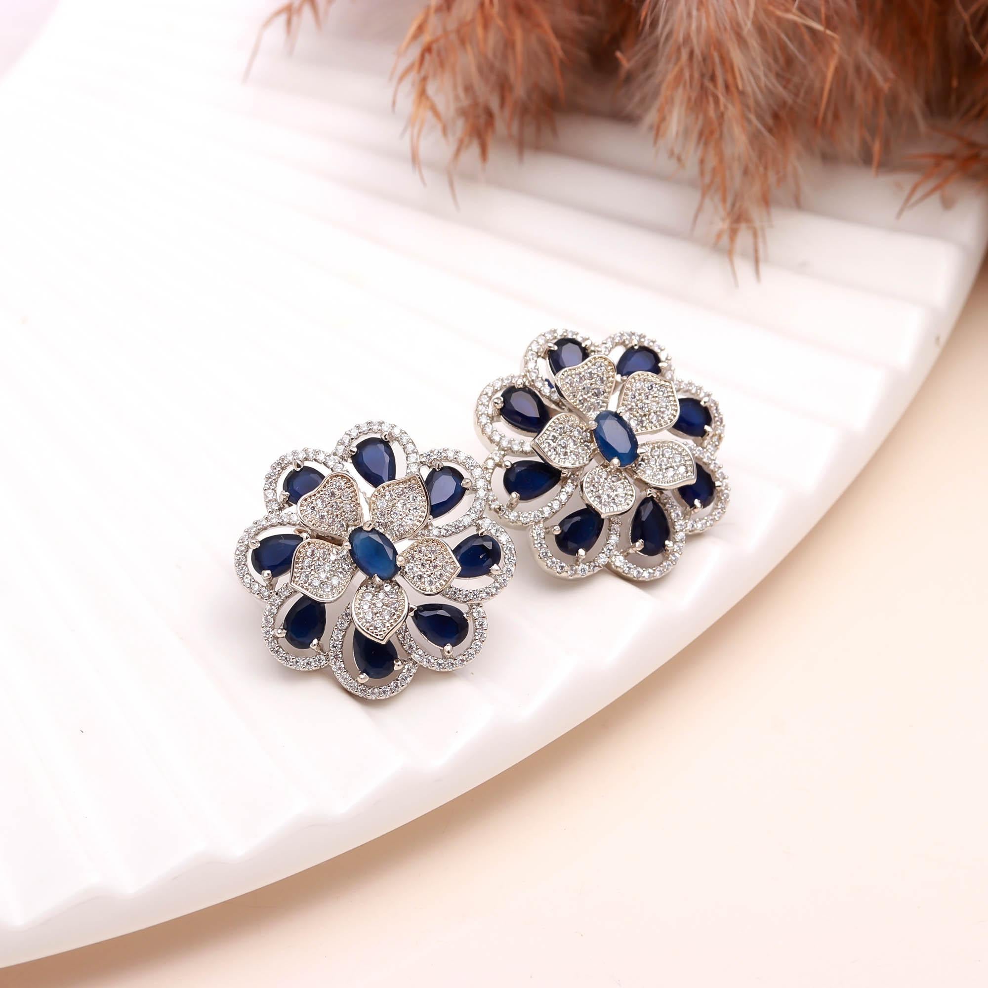 American Diamond (AD) Floral Stud Earrings | Multi-Color Options - Haamsi