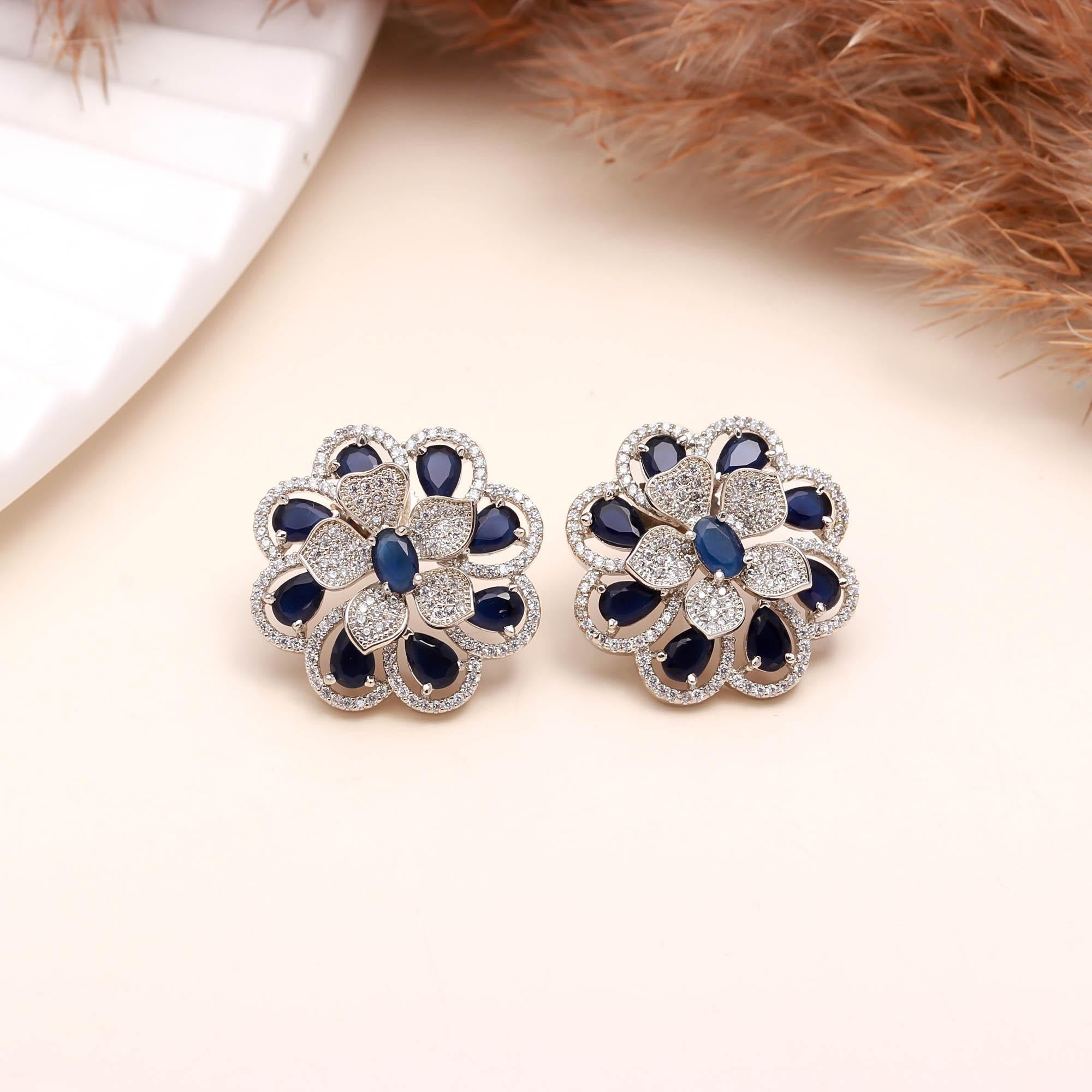 American Diamond (AD) Floral Stud Earrings | Multi-Color Options - Haamsi
